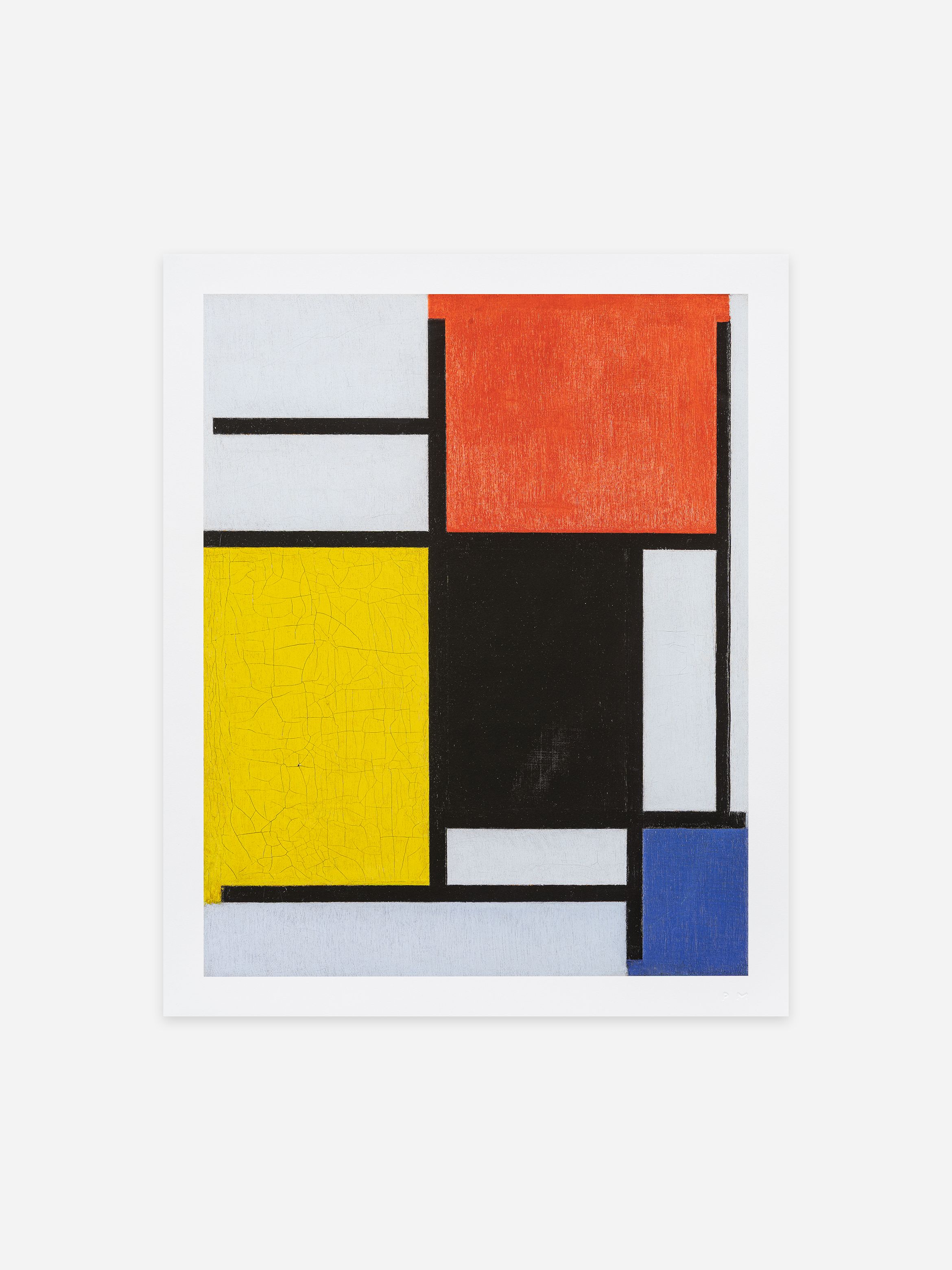 An abstract geometric painting with red, yellow, blue, black, and white rectangles divided by black lines.