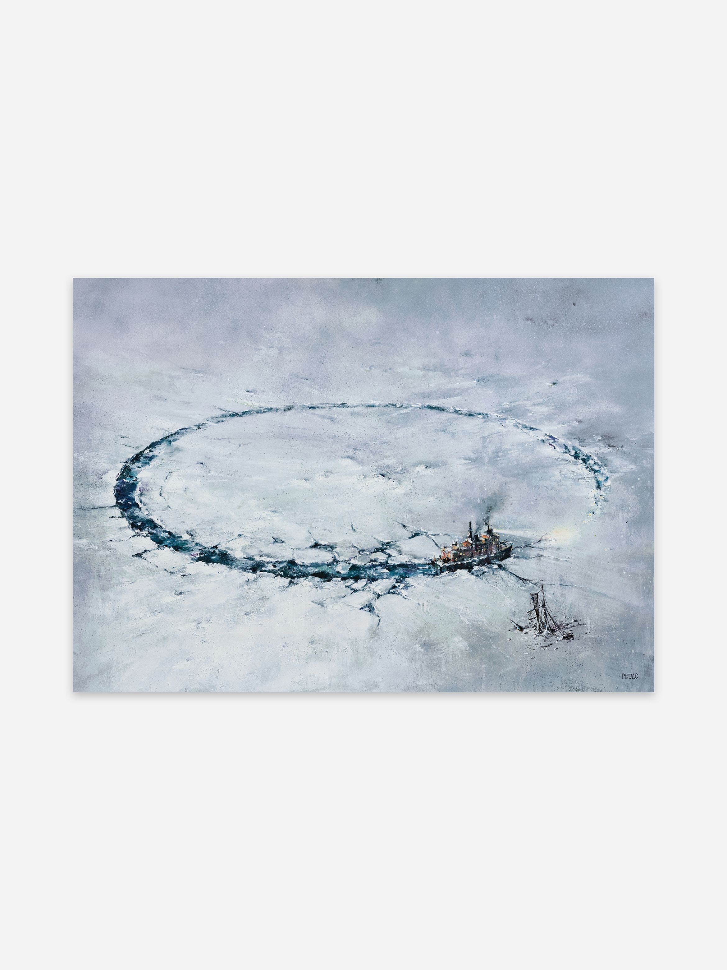 A painting of an icebreaker carving a wide circular path through the ice, with another vessel trapped nearby, set against snow-covered terrain beneath an overcast sky. A painting of an icebreaker carving a wide circular path through the ice, with another vessel trapped nearby, set against snow-covered terrain beneath an overcast sky.