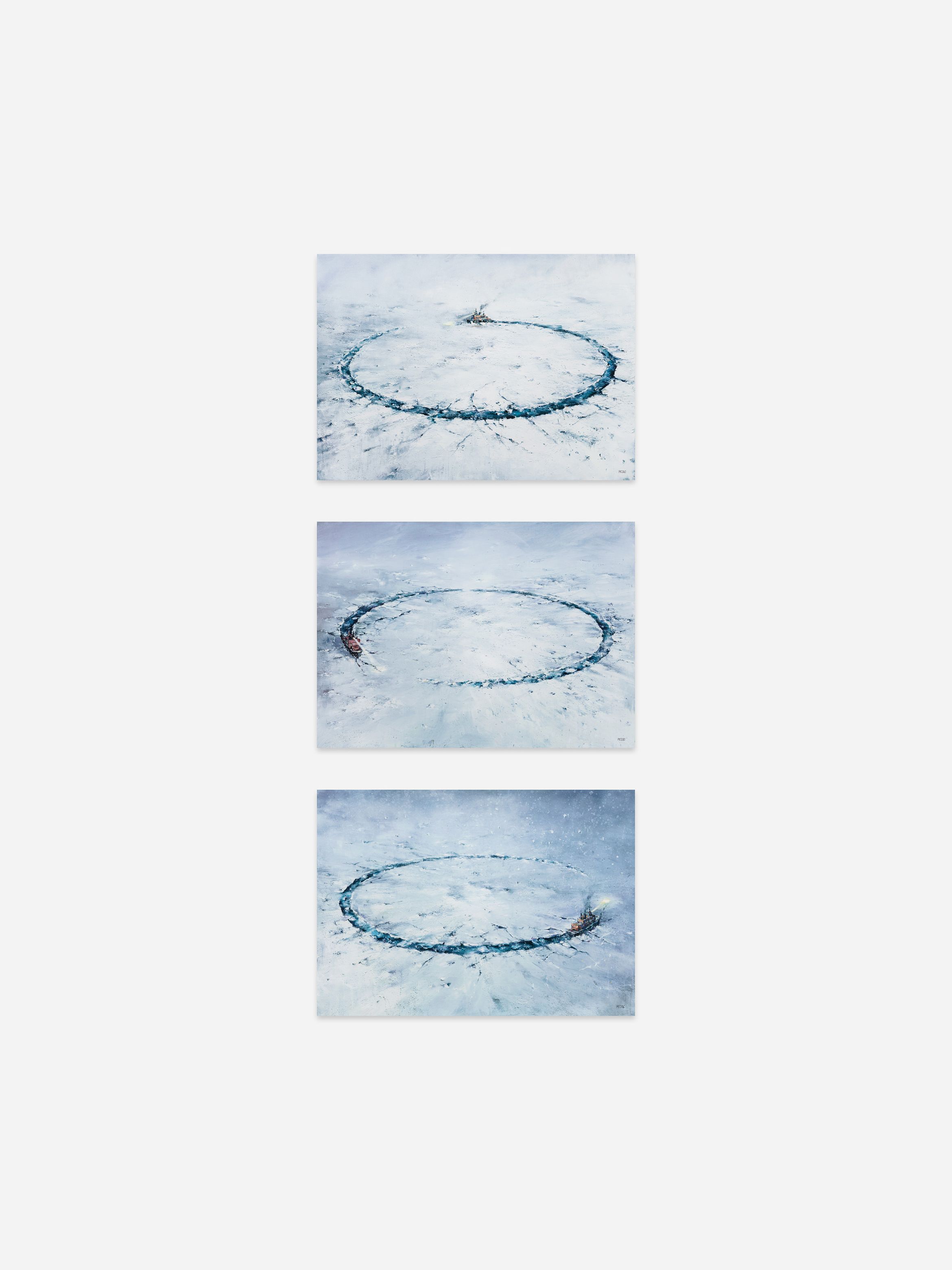 A series of three paintings featuring an icebreaker cutting a broad circular channel through the ice, with each work showing slight differences in ice coverage and water exposure.