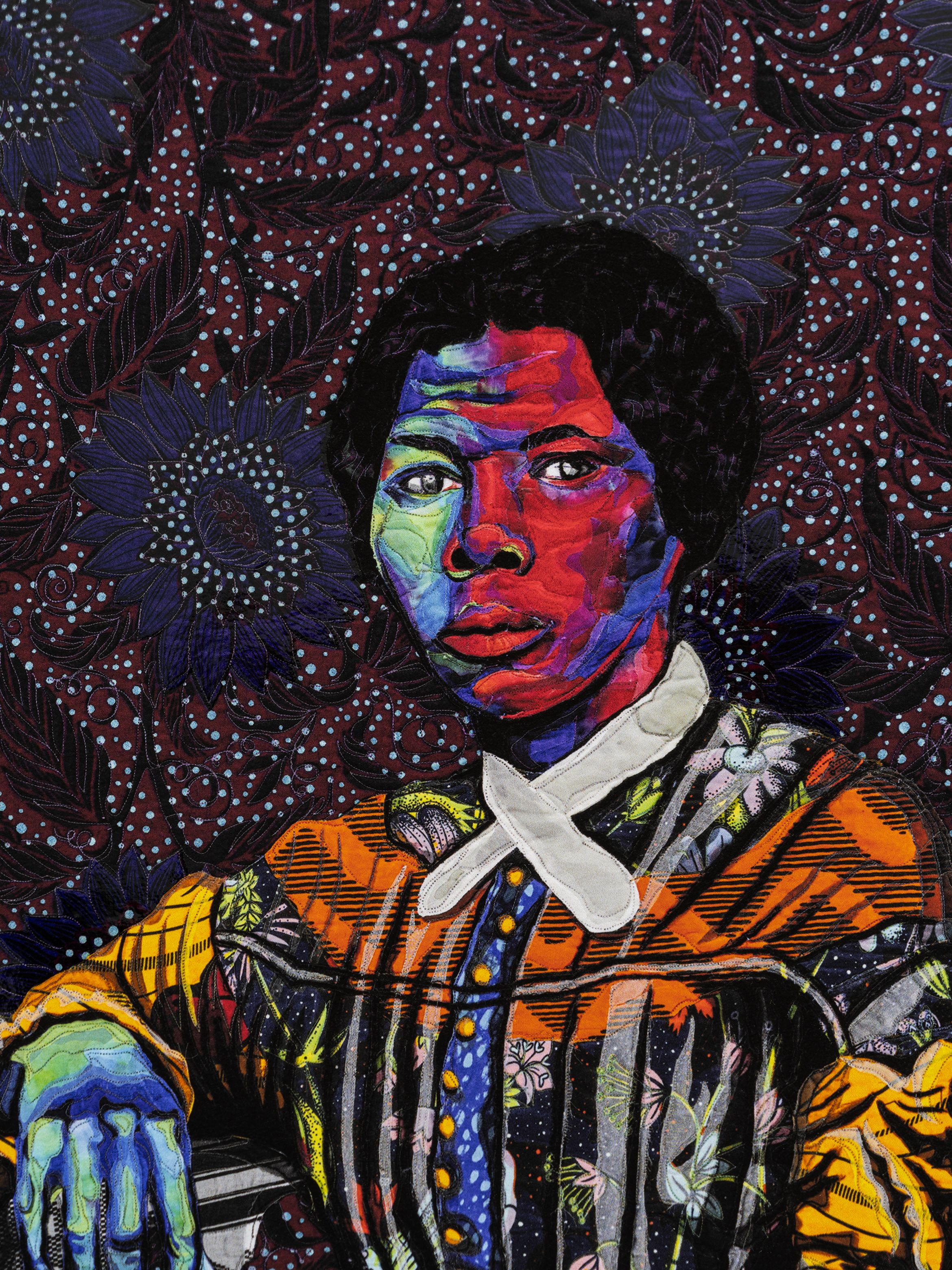 A vibrant, multicoloured portrait of a person in a patterned outfit against a detailed floral and polka dot background.