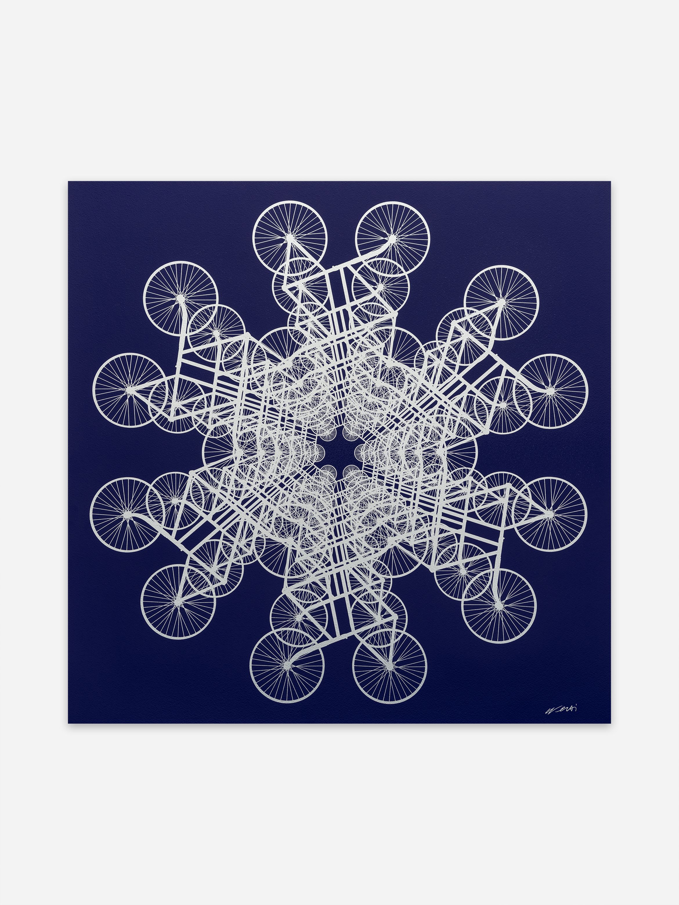 Intricate geometric pattern of overlapping white bicycle outlines on a purple background, forming a symmetrical, kaleidoscopic design.
