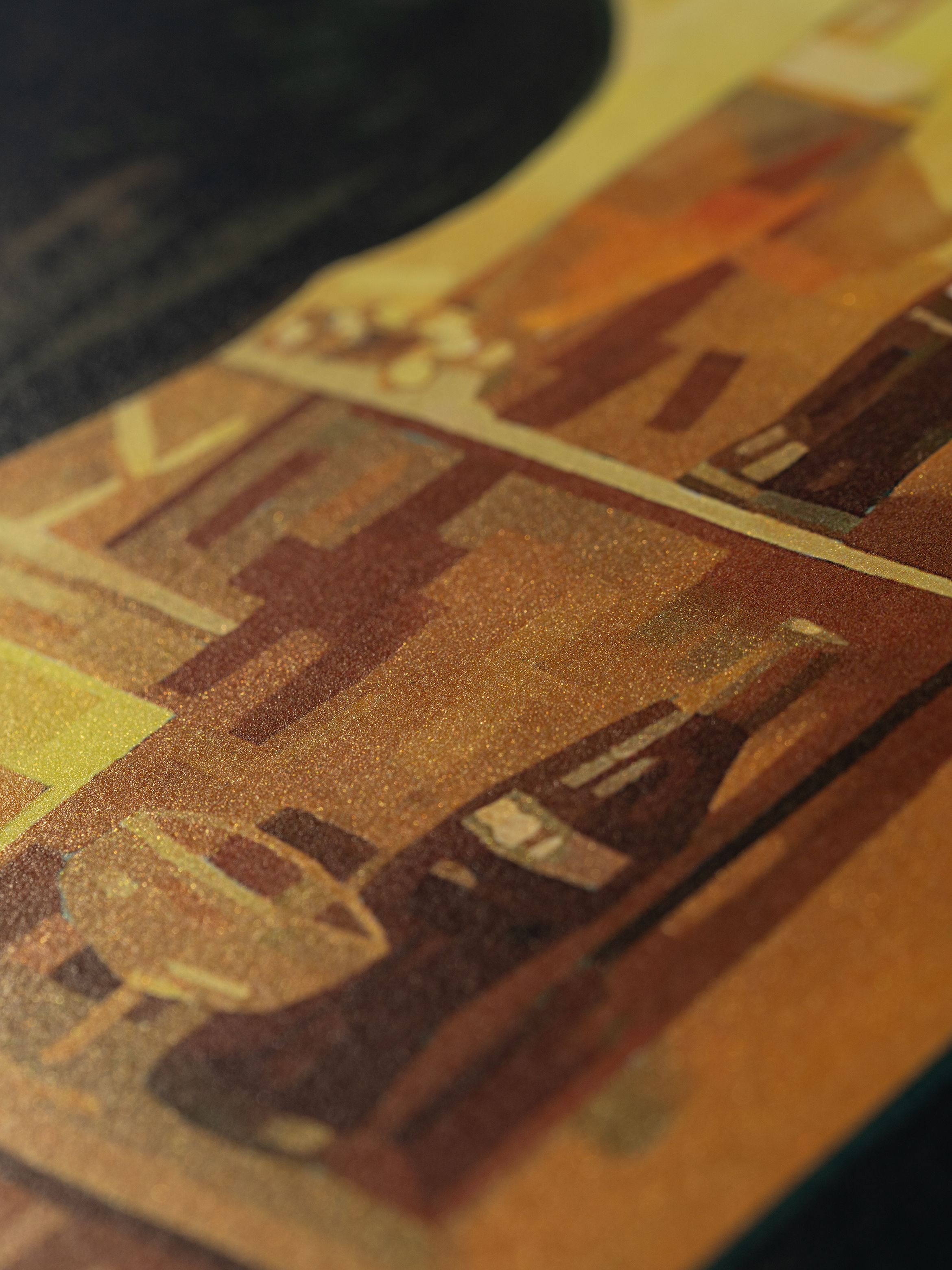 Abstract painting with warm tones depicting wine bottles and glasses on a table, blending geometric shapes and soft lighting.