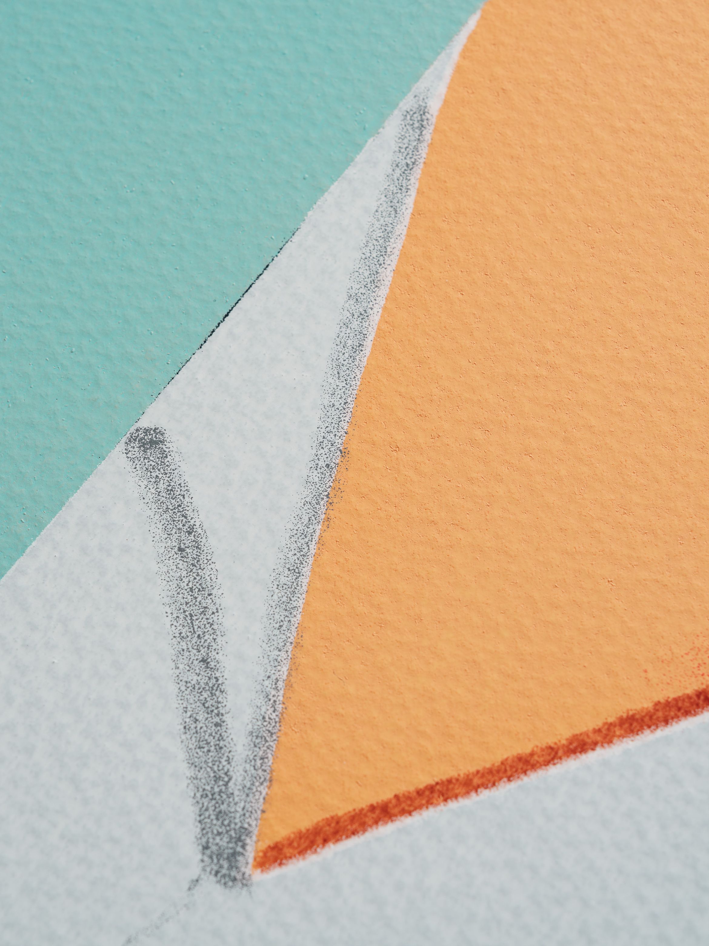 Abstract artwork with intersecting shapes in teal, orange, and gray, featuring soft textures and bold black outlines.