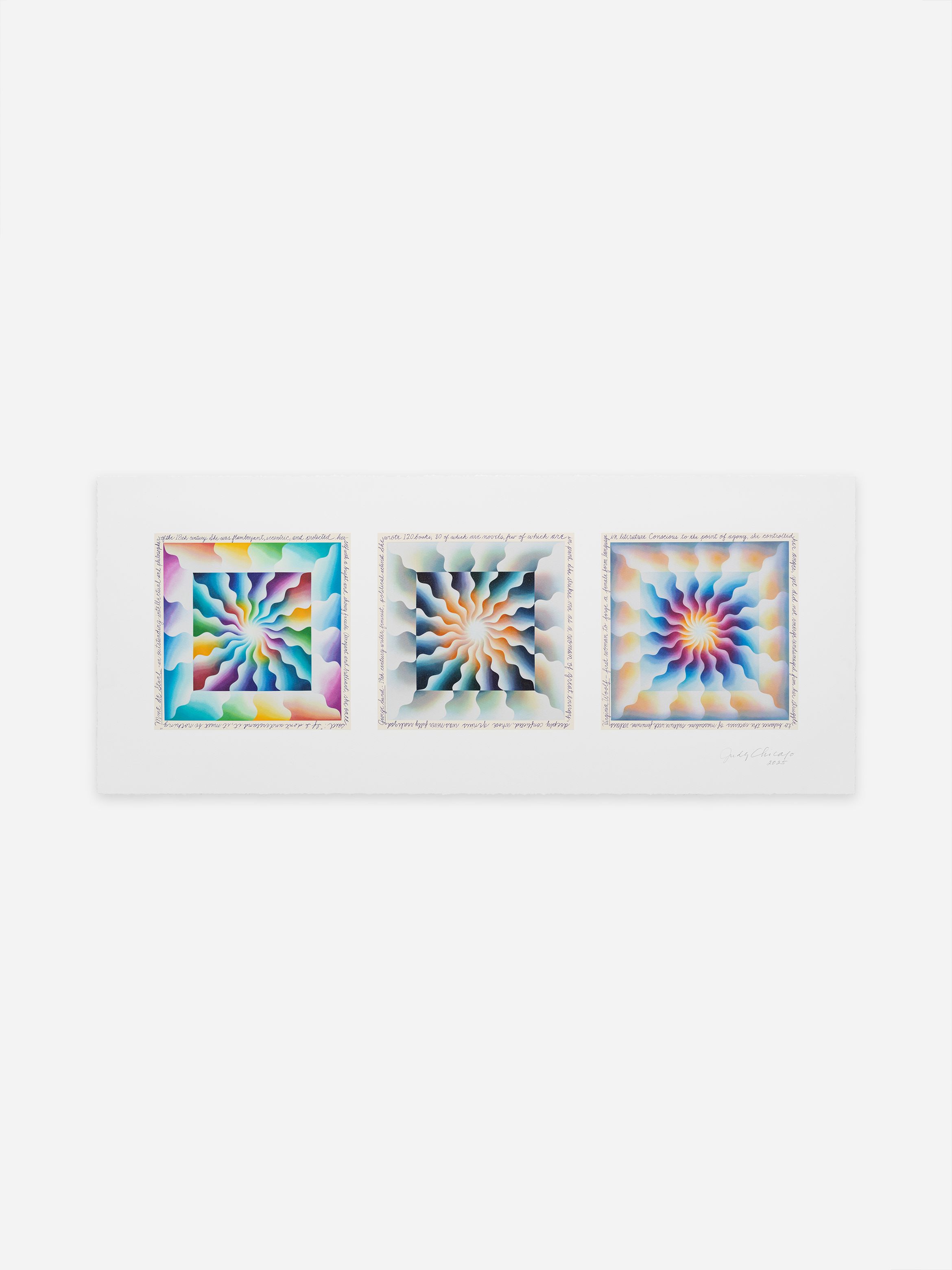 Three abstract, colourful geometric patterns, each with a unique swirling design, displayed on a white background.