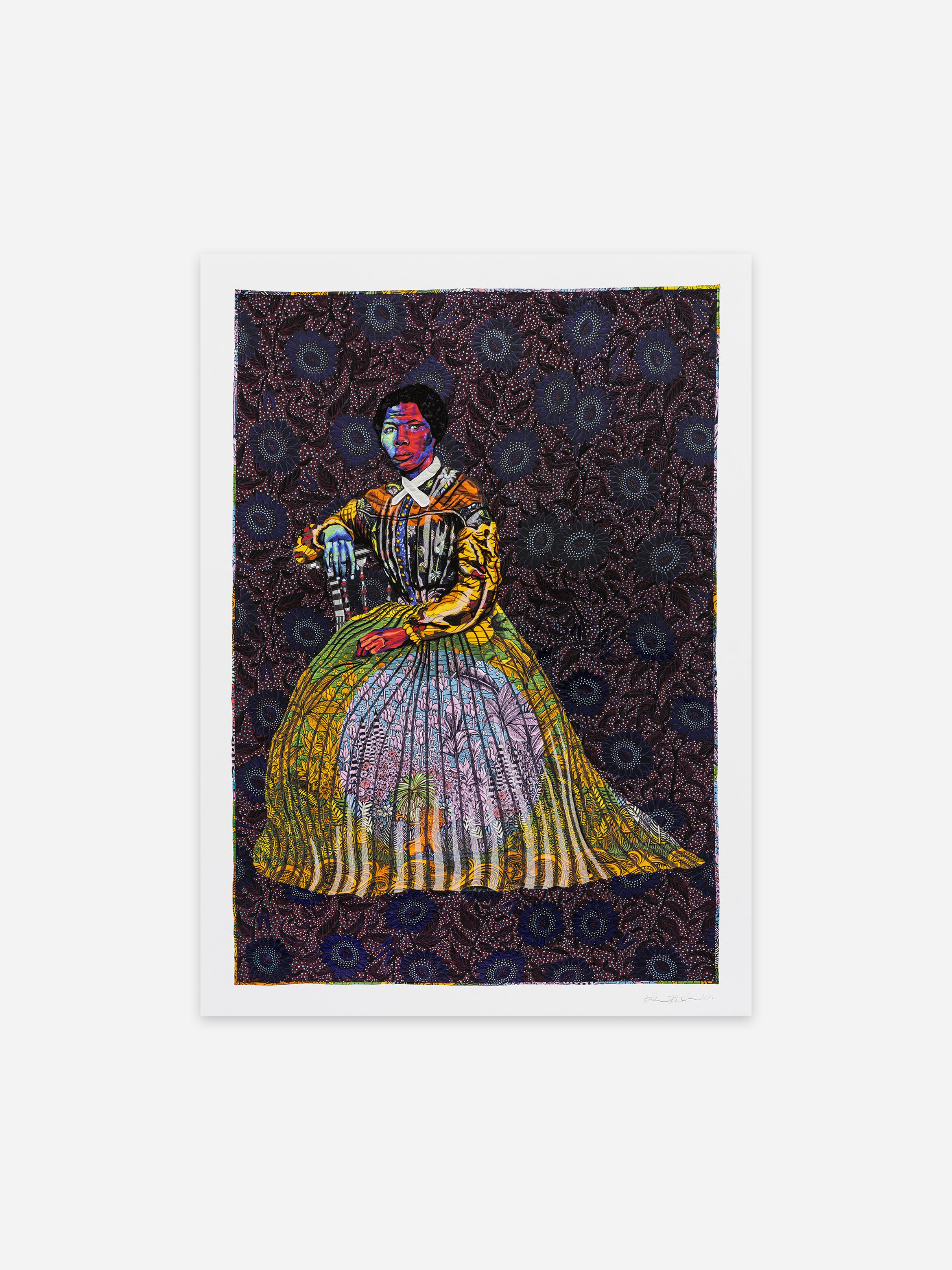 A colourful, stylised portrait of a seated woman in a vibrant, patterned dress against a dark, intricately designed background. A colourful, stylised portrait of a seated woman in a vibrant, patterned dress against a dark, intricately designed background.