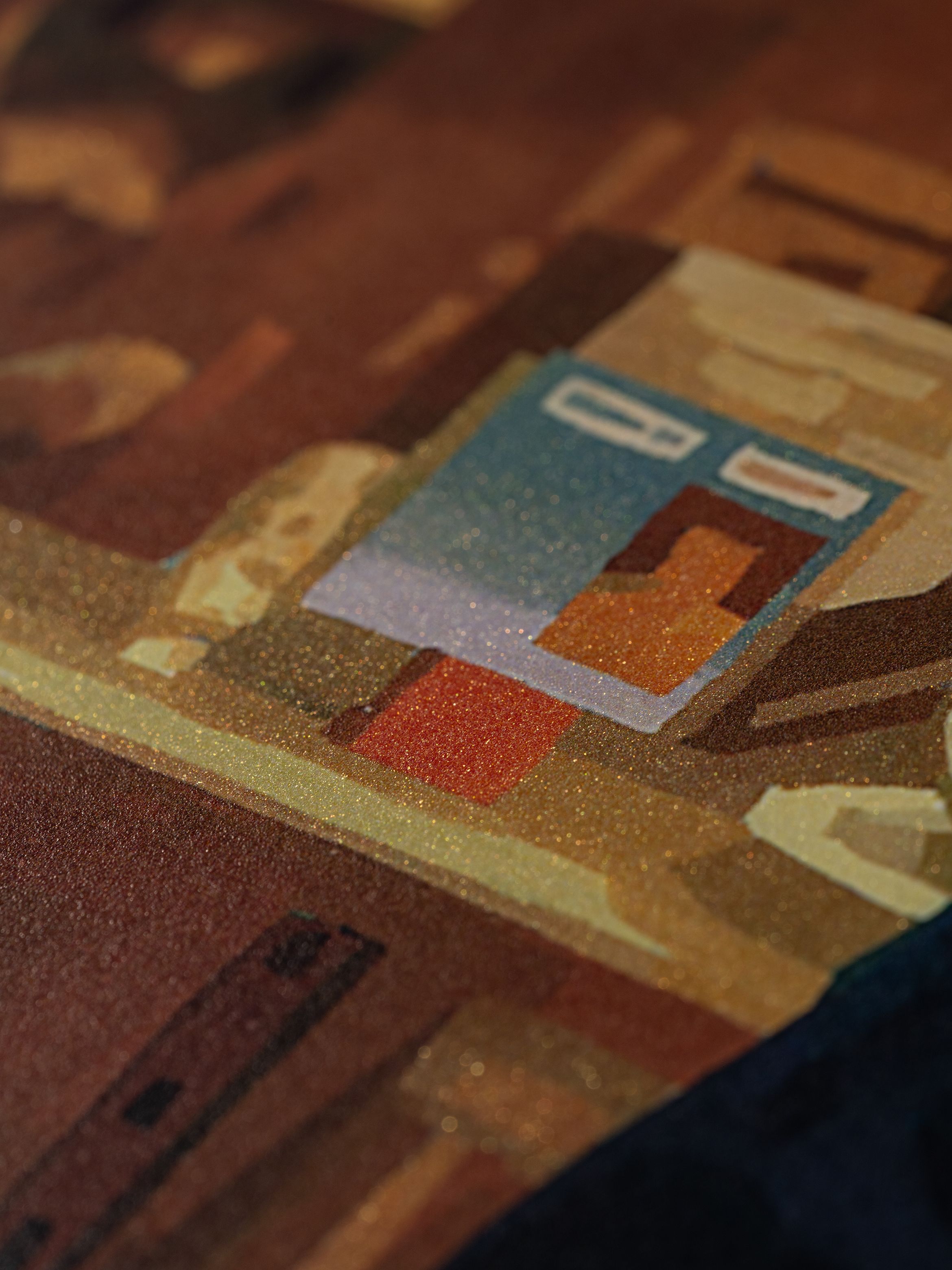 Abstract painting with geometric shapes in warm tones, featuring prominent rectangles in blue, red, and beige with a textured surface.