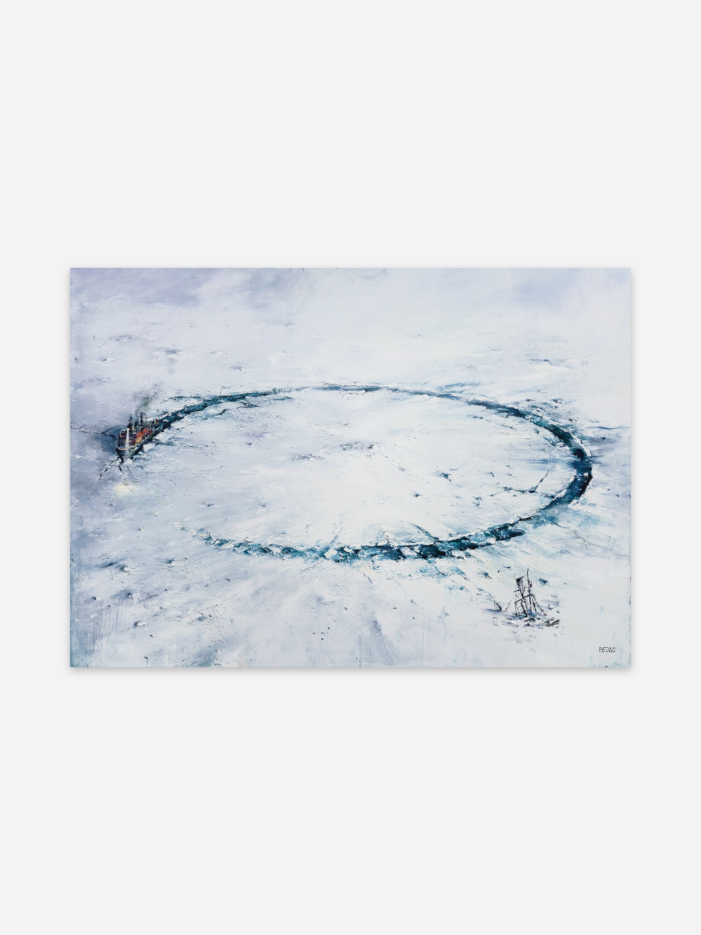 A painting of an icebreaker carving a wide circular path through the ice, with another vessel trapped nearby, set against snow-covered terrain beneath an overcast sky.