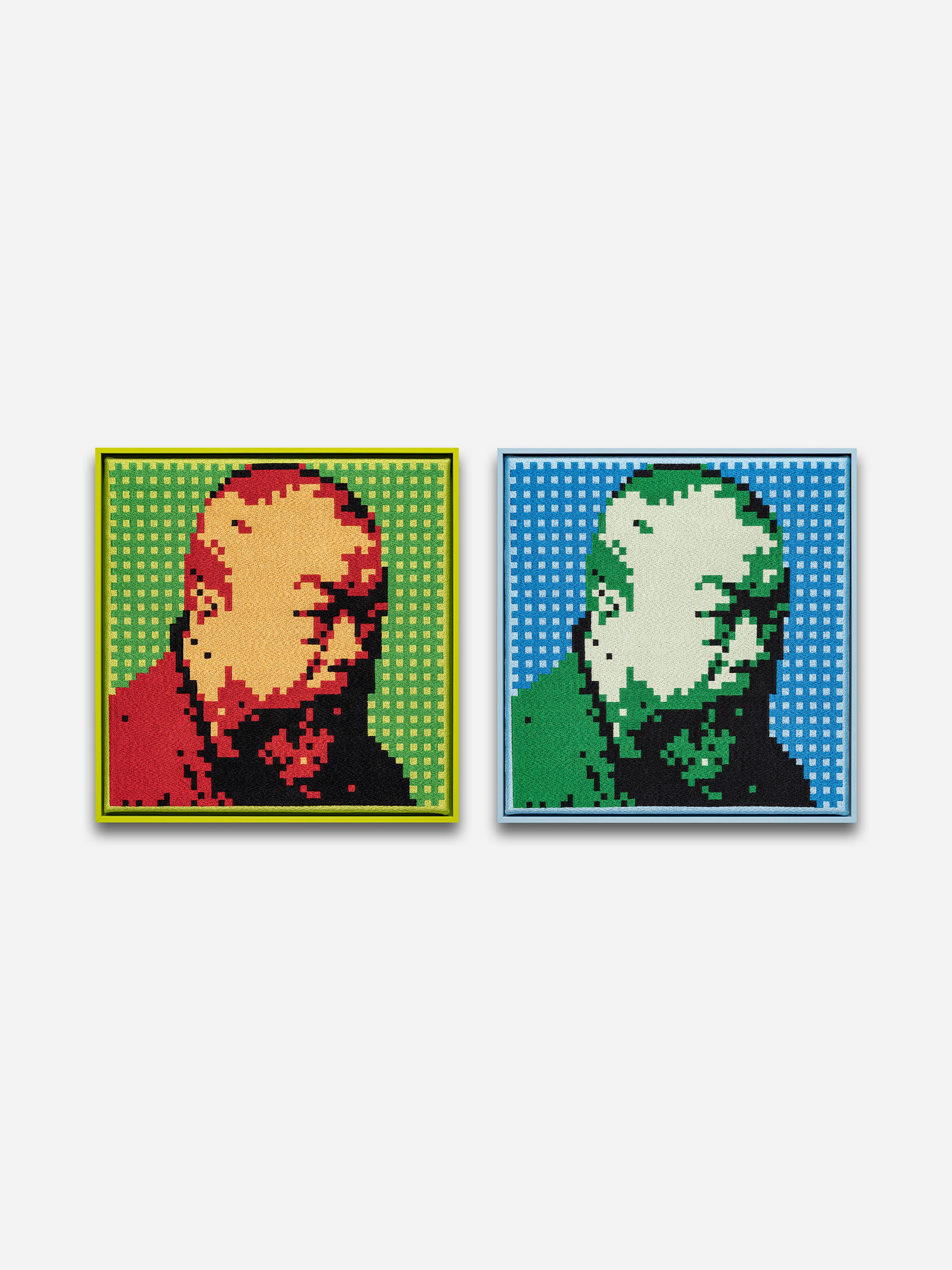 Two square pixelated pop‑art portraits of the same bald man in contrasting red/yellow (left) and green/blue (right) colour schemes.