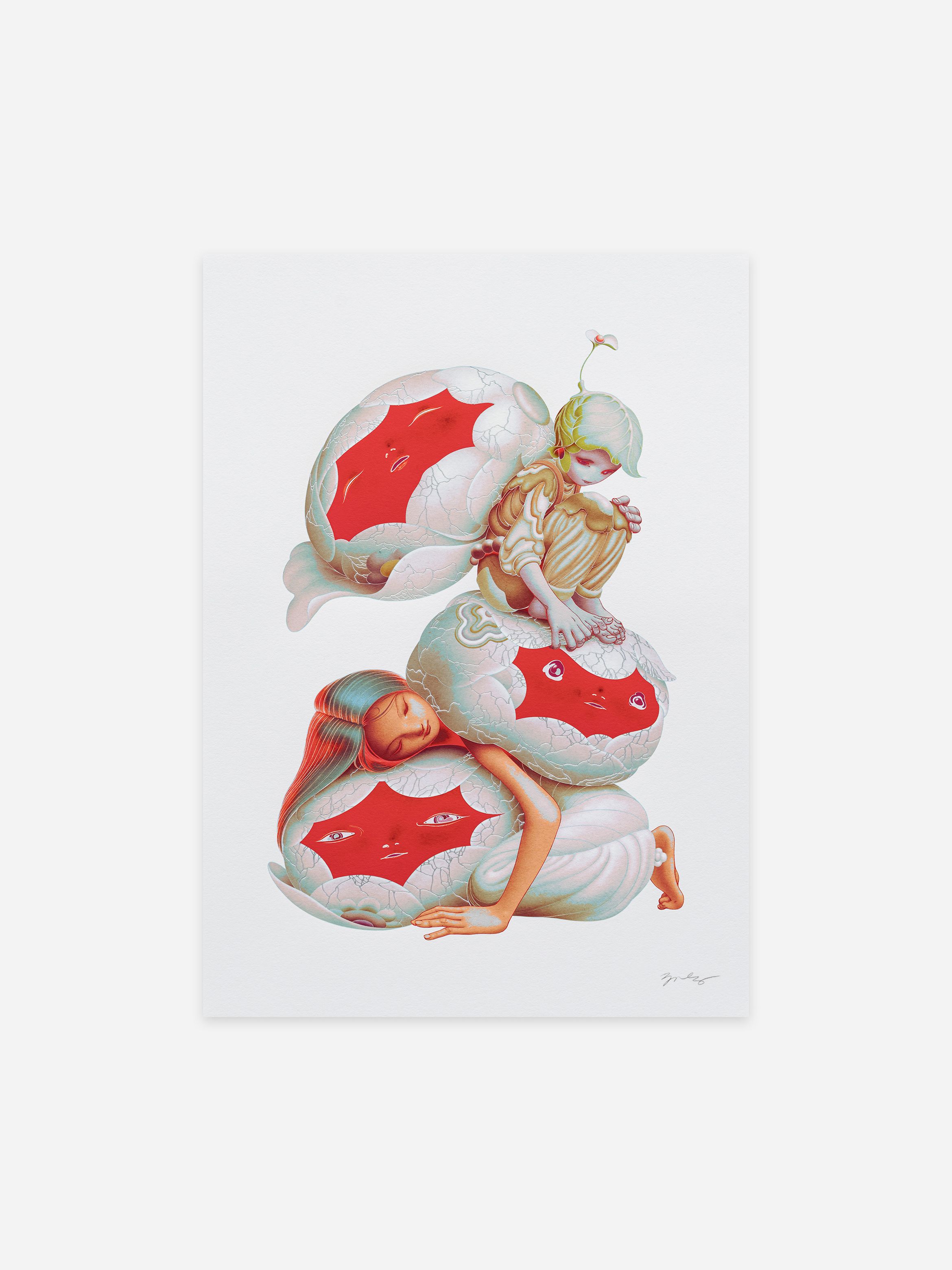 Surreal artwork featuring two figures intertwined with large, cracked orbs filled with red and faces. One figure sits with flowers sprouting from their head.