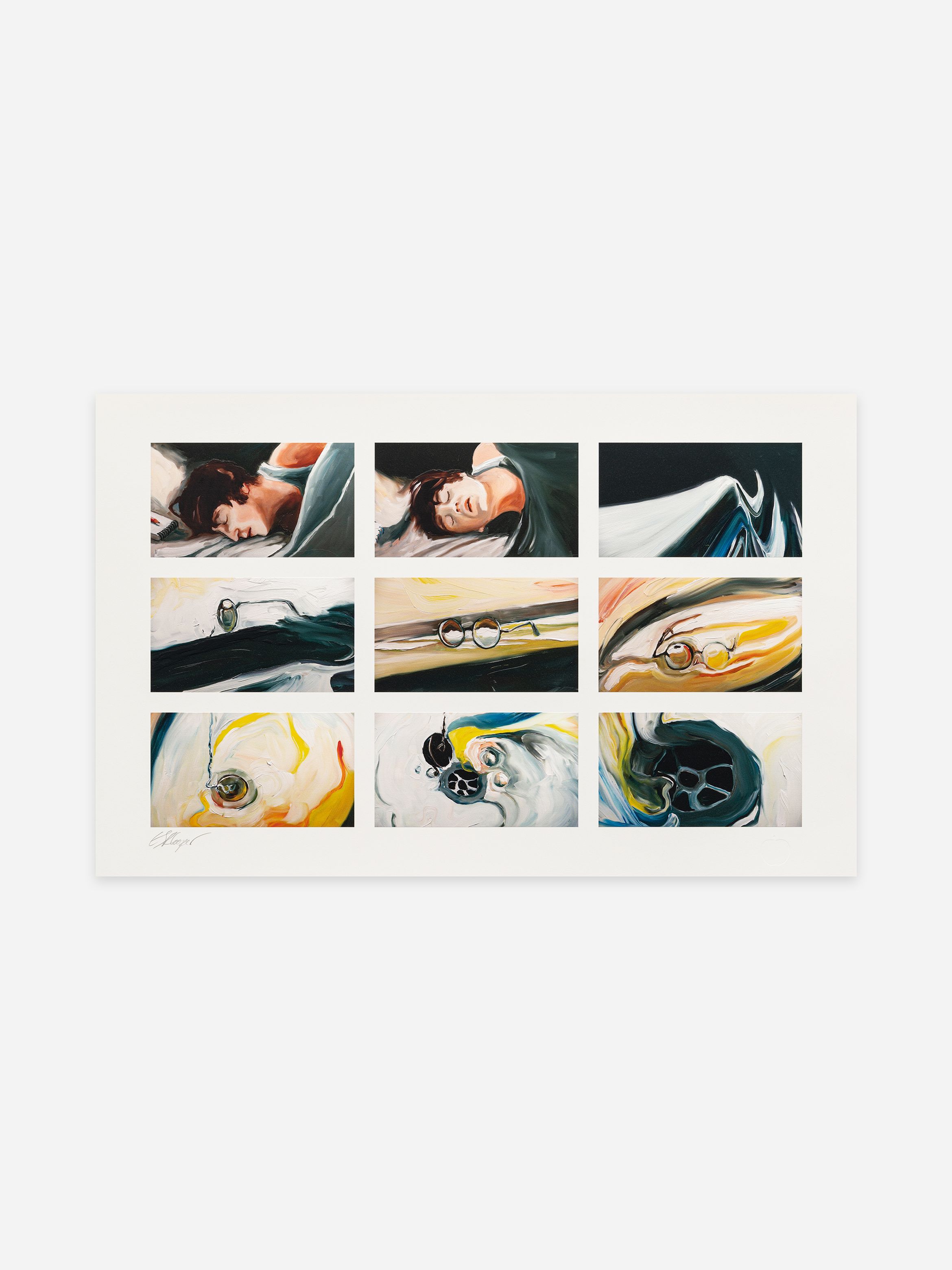 A series of eight abstract panels depicting a person sleeping and swirling forms with glasses, blending realism and abstraction.