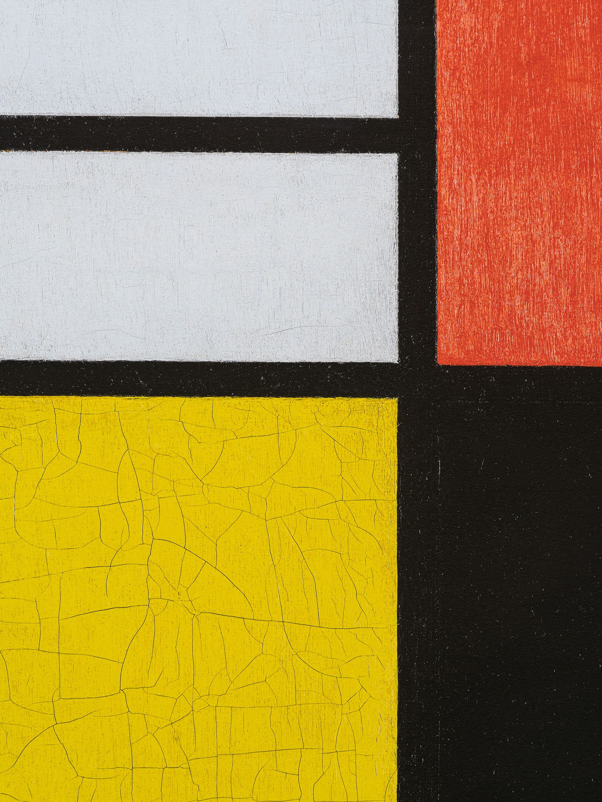 Abstract painting with black lines dividing off-white, red, and yellow rectangles, in a style reminiscent of geometric abstraction.