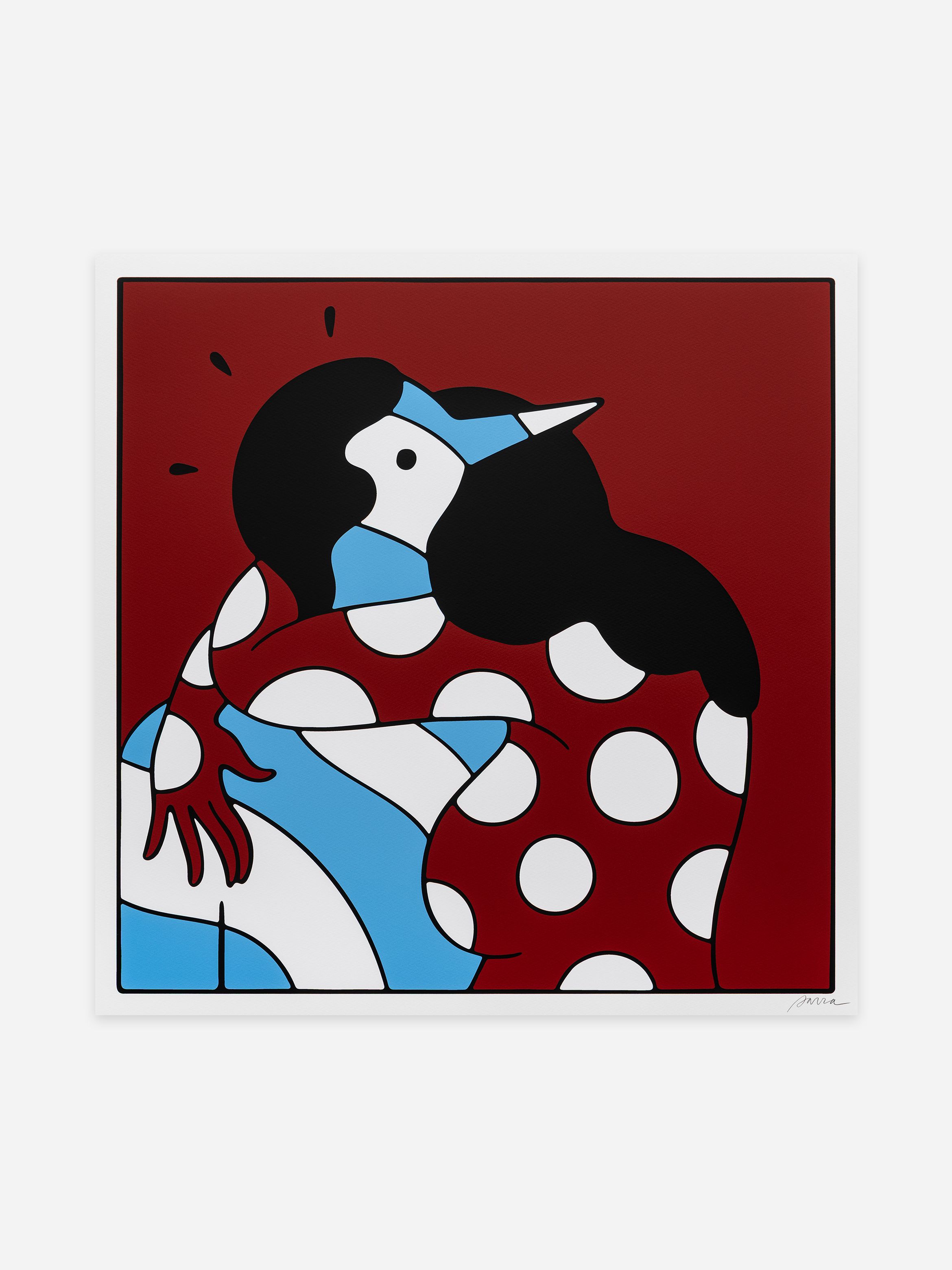 Abstract artwork of two figures embracing, featuring bold red polka dots and blue stripes against a deep red background.