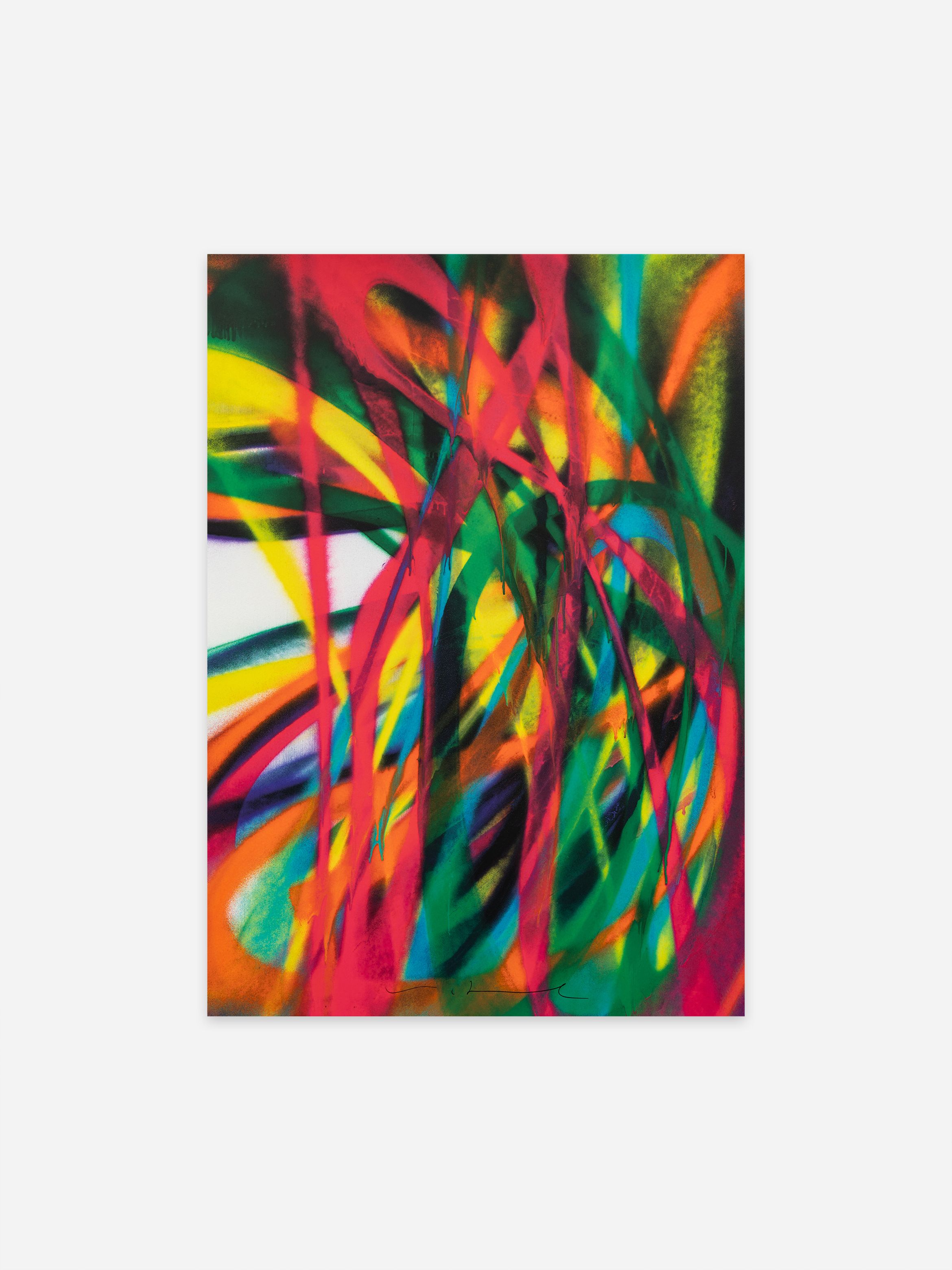 Abstract artwork with vibrant swirls of red, yellow, green, and blue, creating a dynamic, colourful composition on a white background.