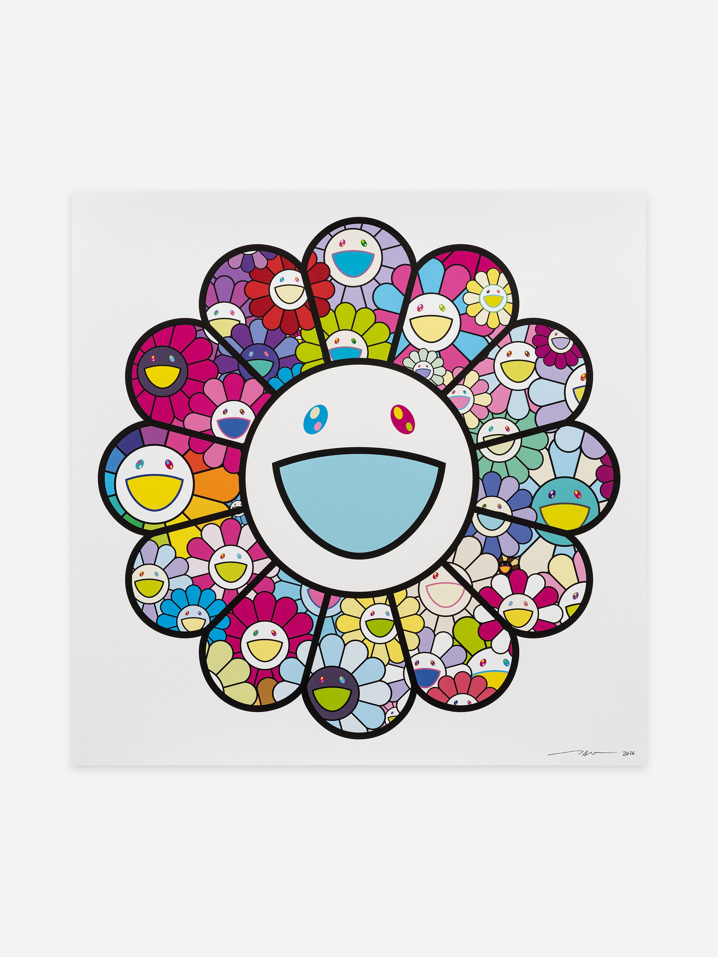 A colourful, smiling flower artwork with multiple smaller smiling faces in each petal, set against a white background.