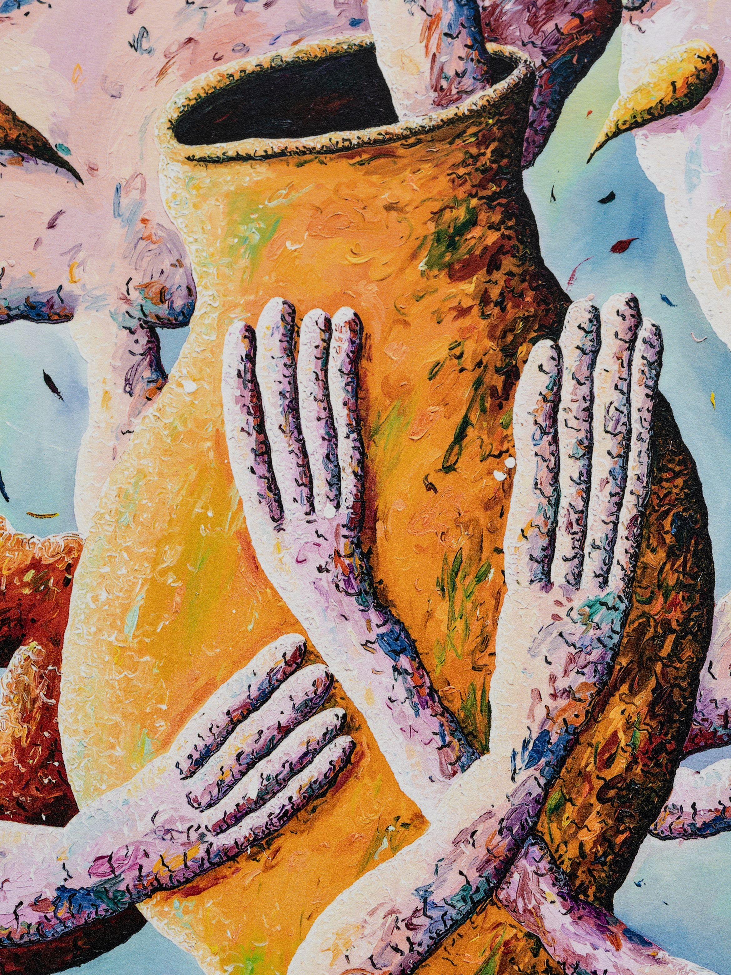 Surreal painting of multiple hands with elongated fingers wrapped around a large, textured orange vase against a colourful background.