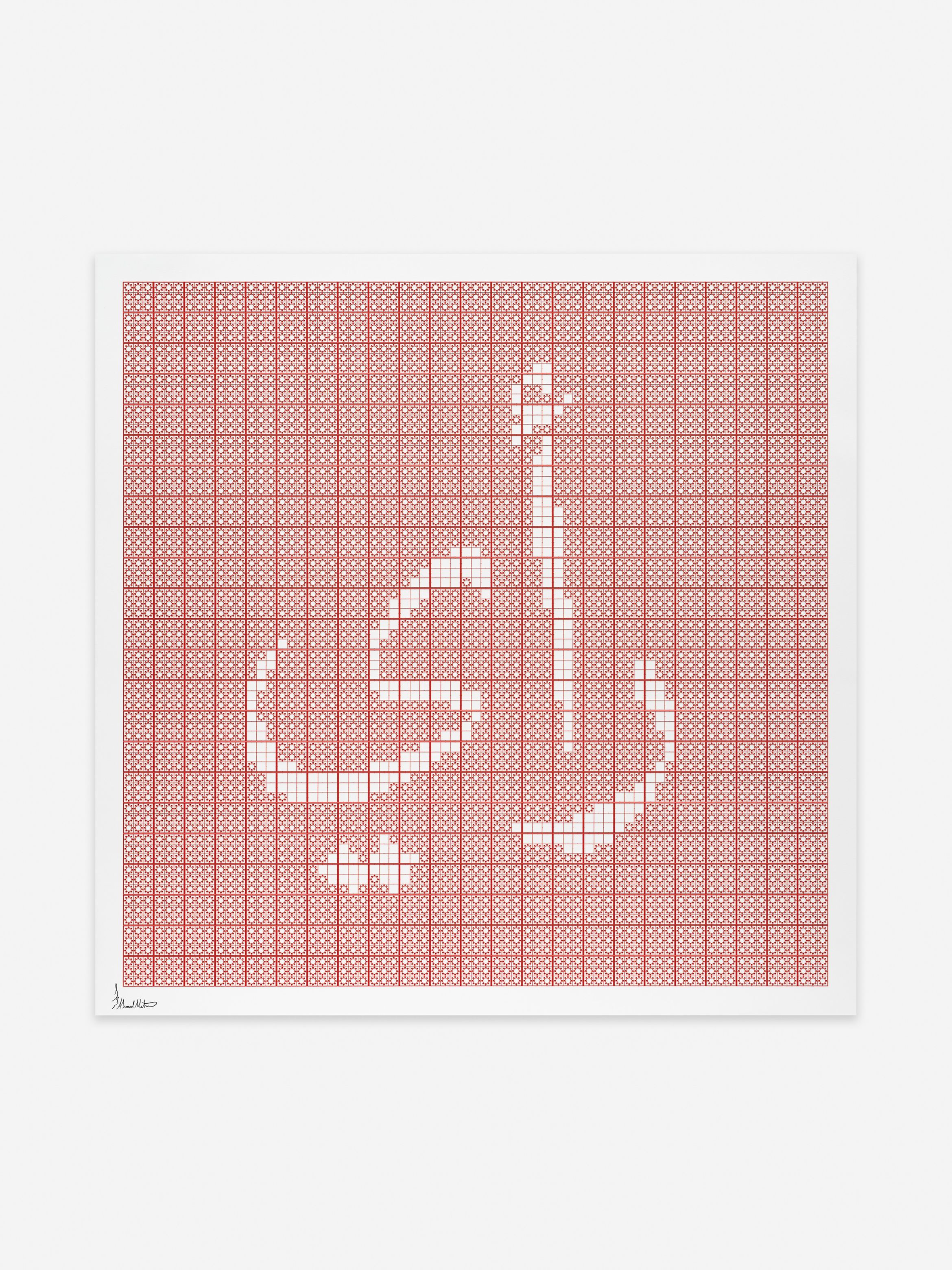 Artwork featuring a white abstract pattern on a grid with intricate red circular designs.