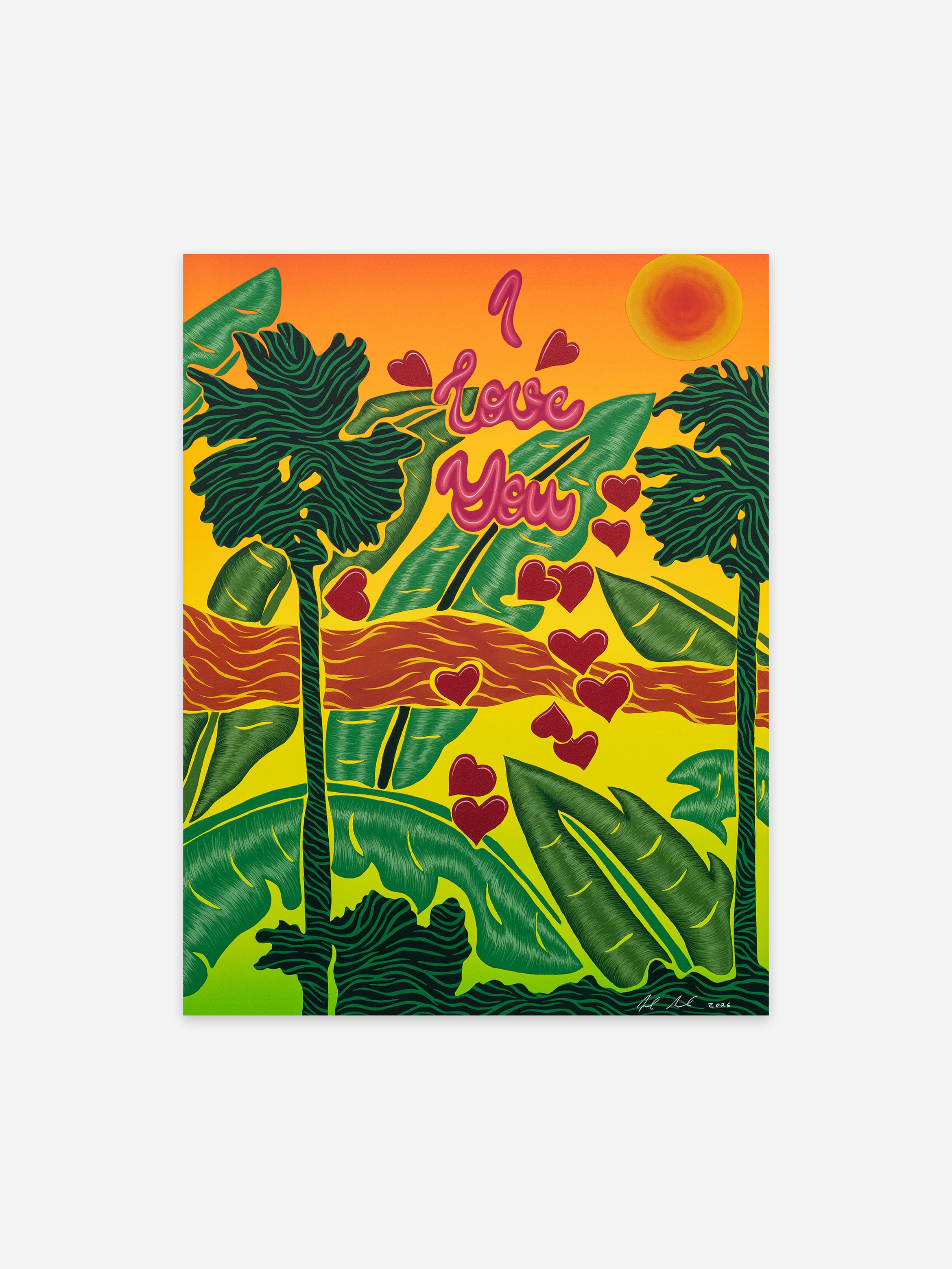 Tropical-themed artwork with "I love you" in pink, surrounded by palm leaves, hearts, and a vivid orange sun.
