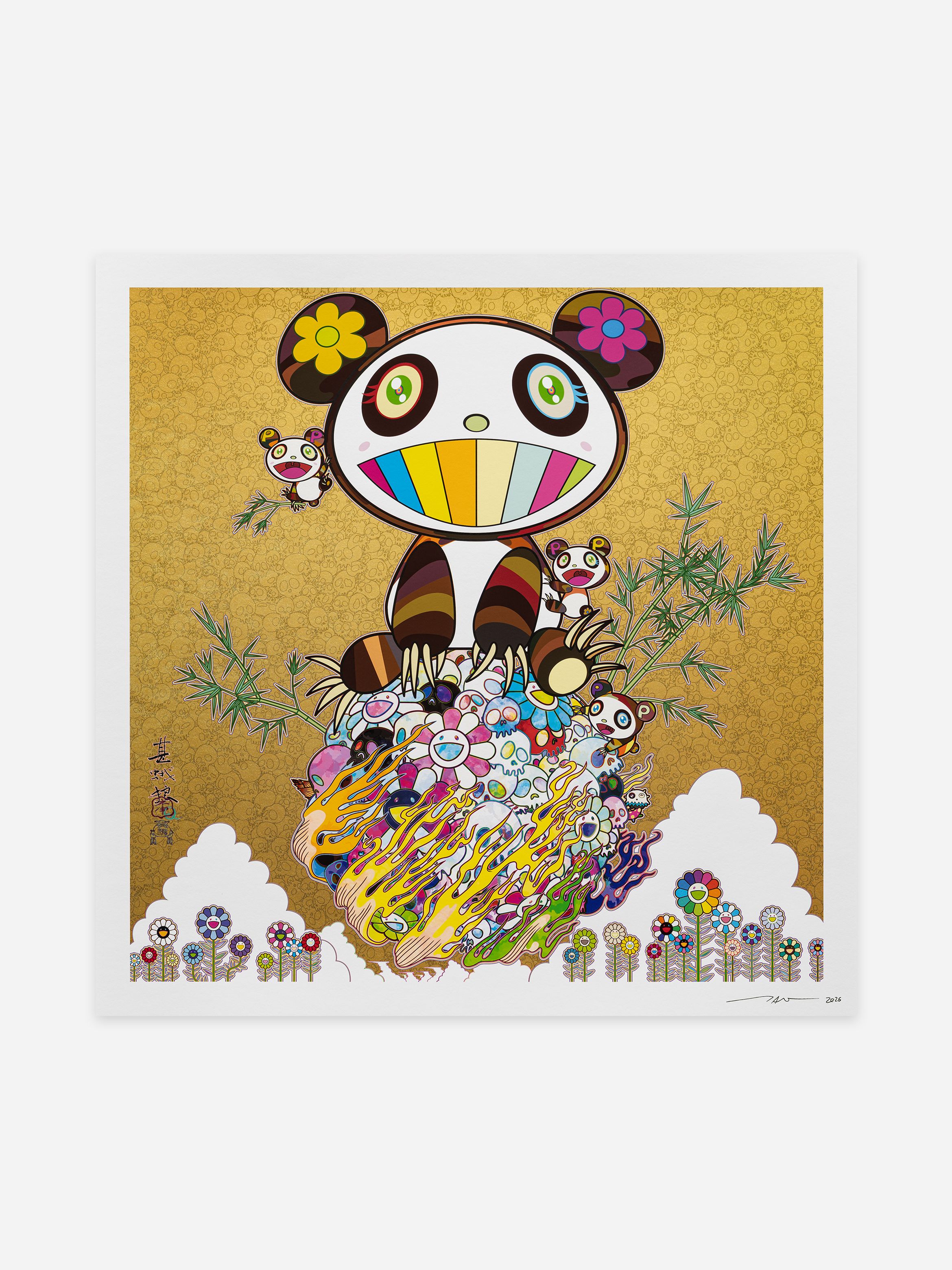 Colourful illustration of a cartoon panda on a vibrant, floral sphere with bamboo, set against a golden patterned background.