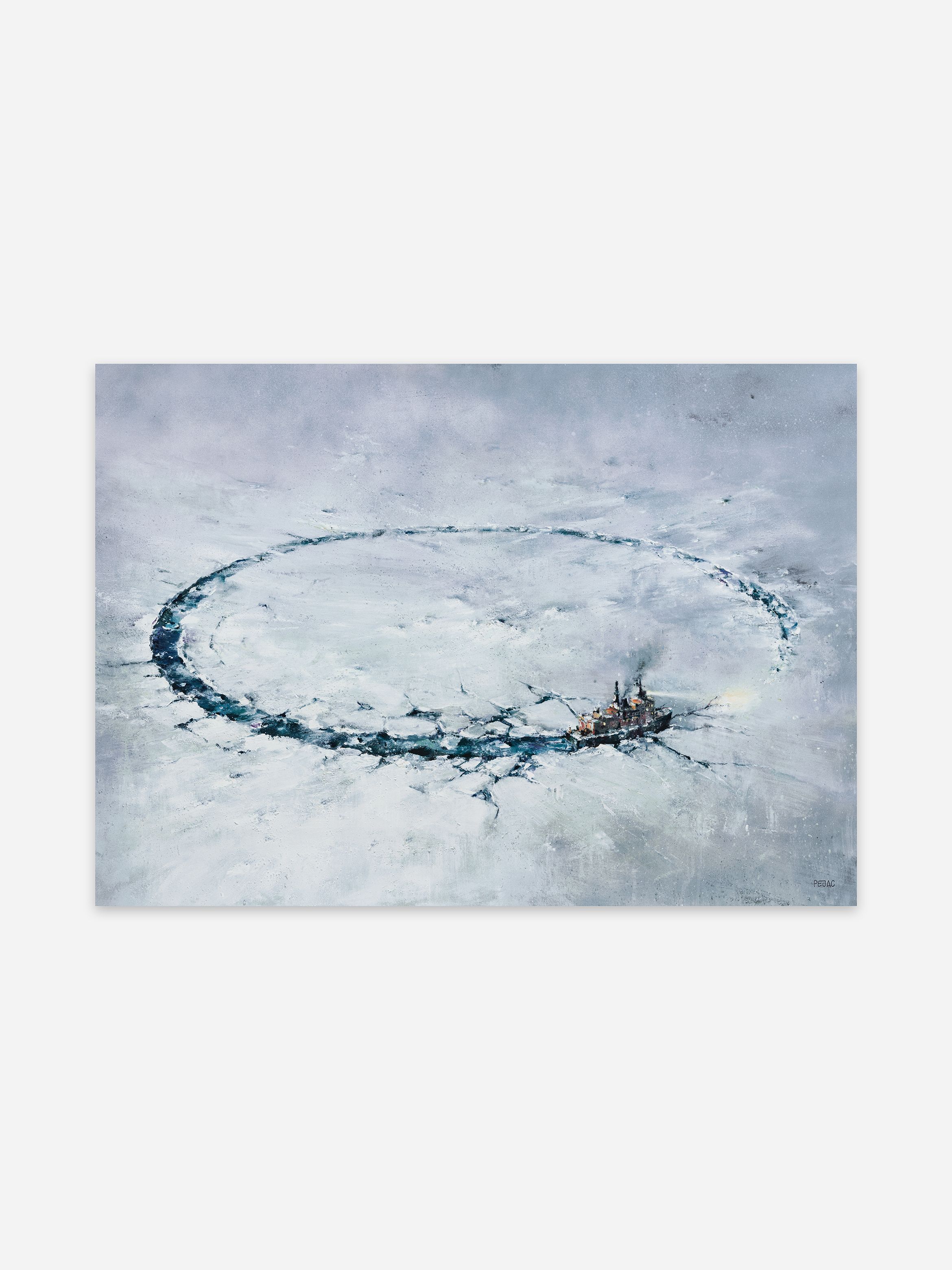 Painting of an icebreaker ship forming a large circular path in the ice, surrounded by snow-covered terrain under an overcast sky.