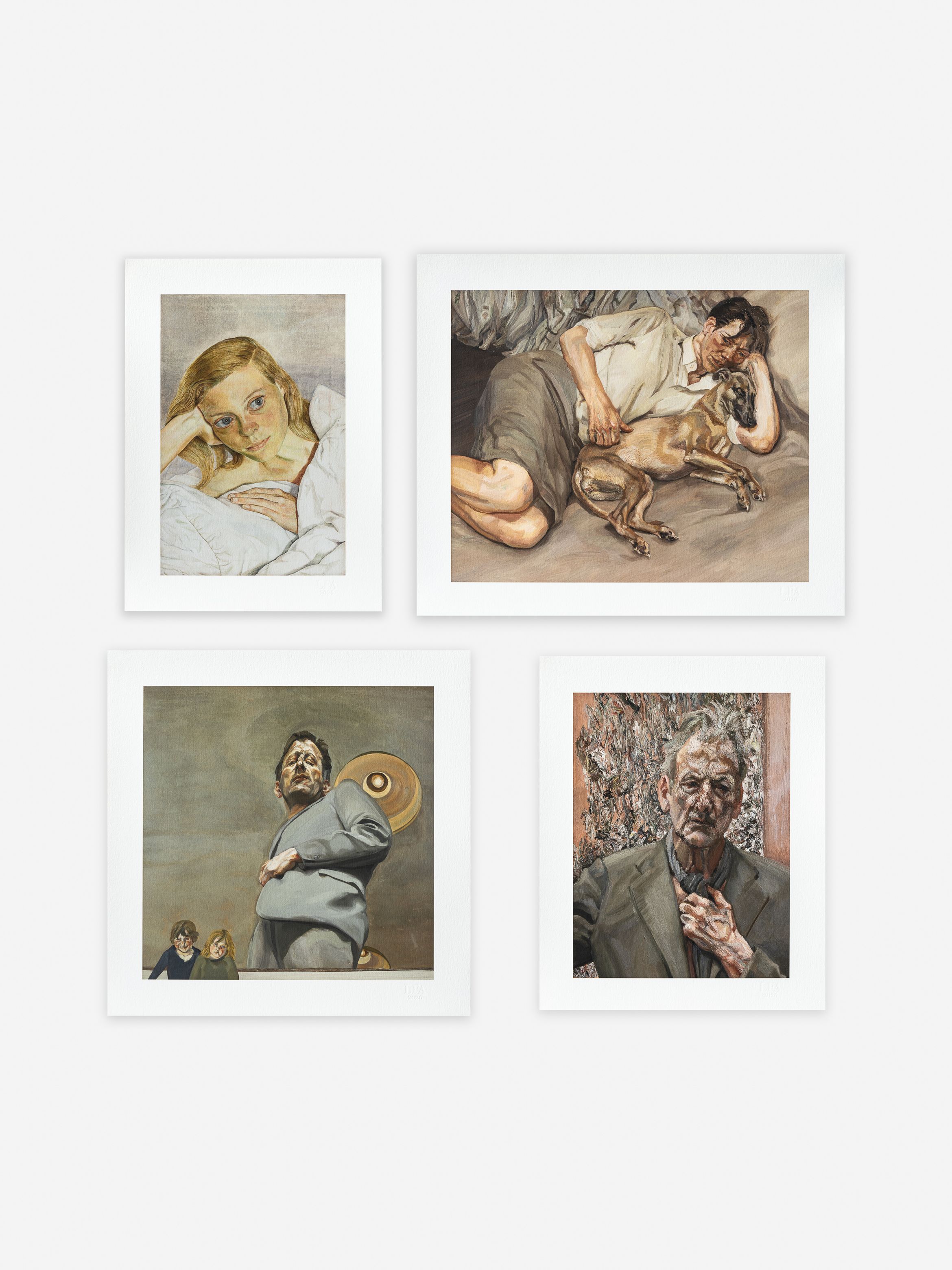 Four framed paintings depicting diverse human figures and expressions, arranged on a white wall. Each artwork has a distinct subject and style.