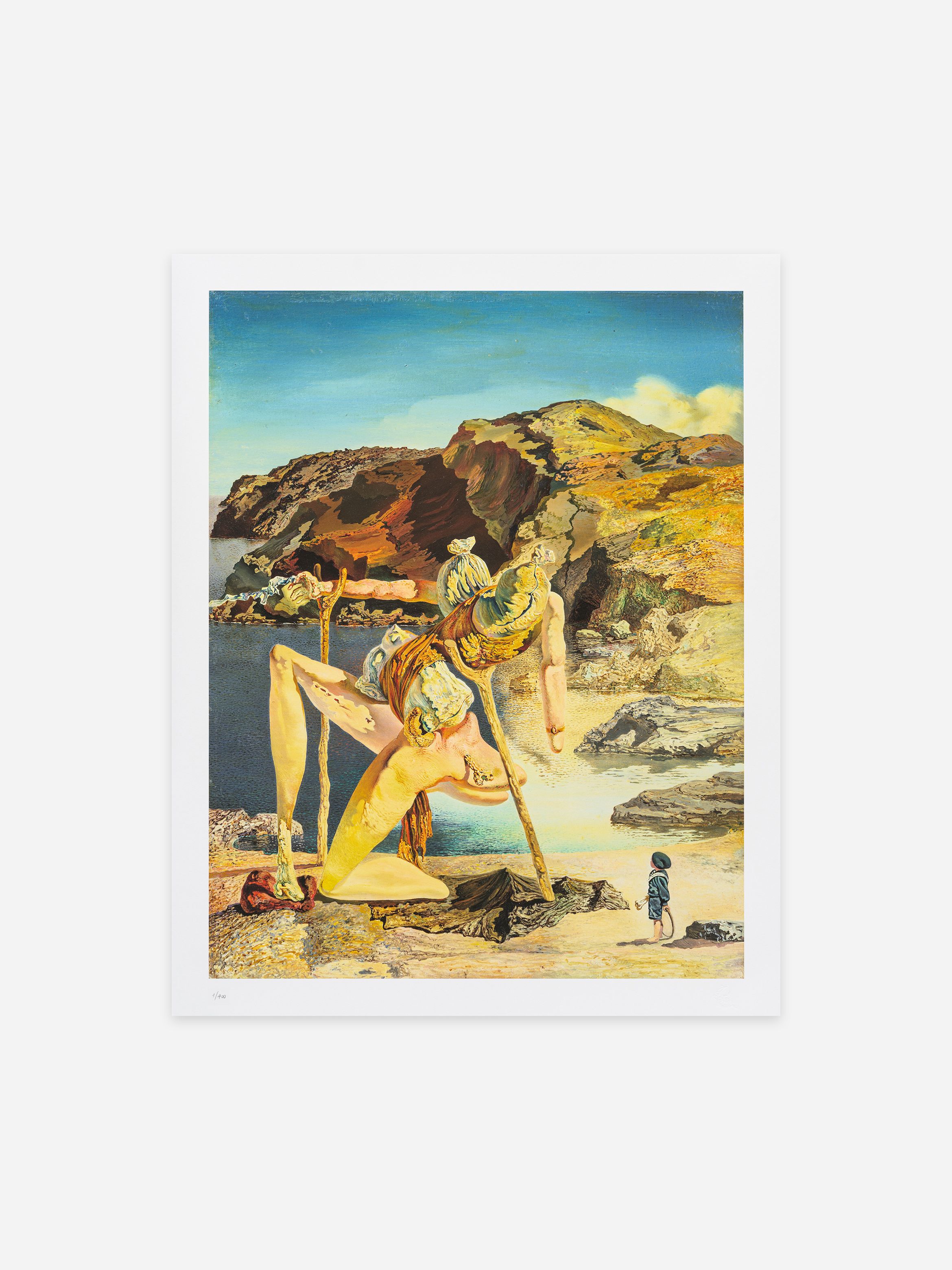 Surrealist painting depicting a distorted human figure with long limbs and crutches on a rocky beach, observed by a small person in the background. Surrealist painting depicting a distorted human figure with long limbs and crutches on a rocky beach, observed by a small person in the background.