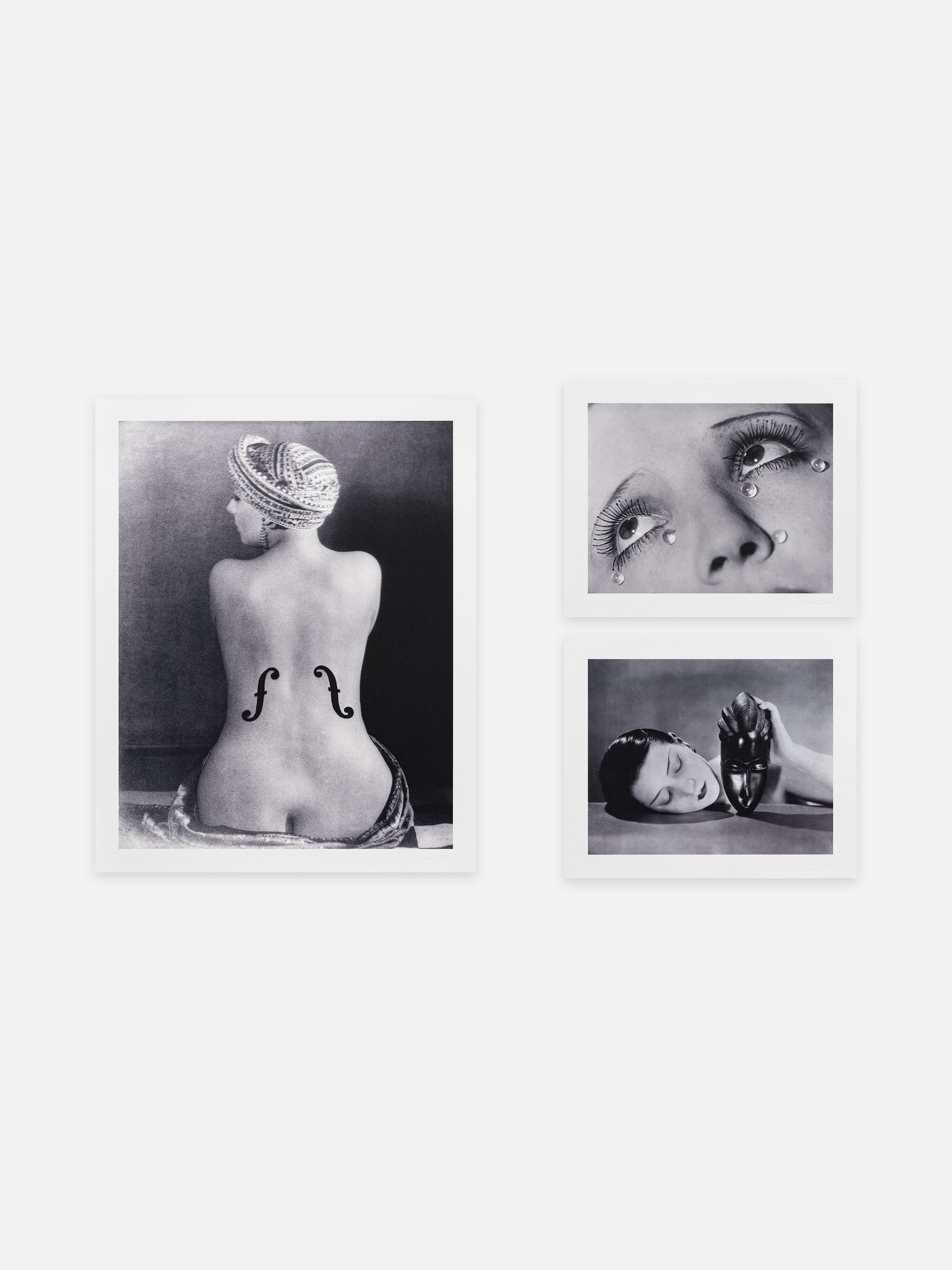 A grayscale collage with a woman's back featuring f-hole shapes, and two close-ups of eyes and a woman's face with reflective decor.