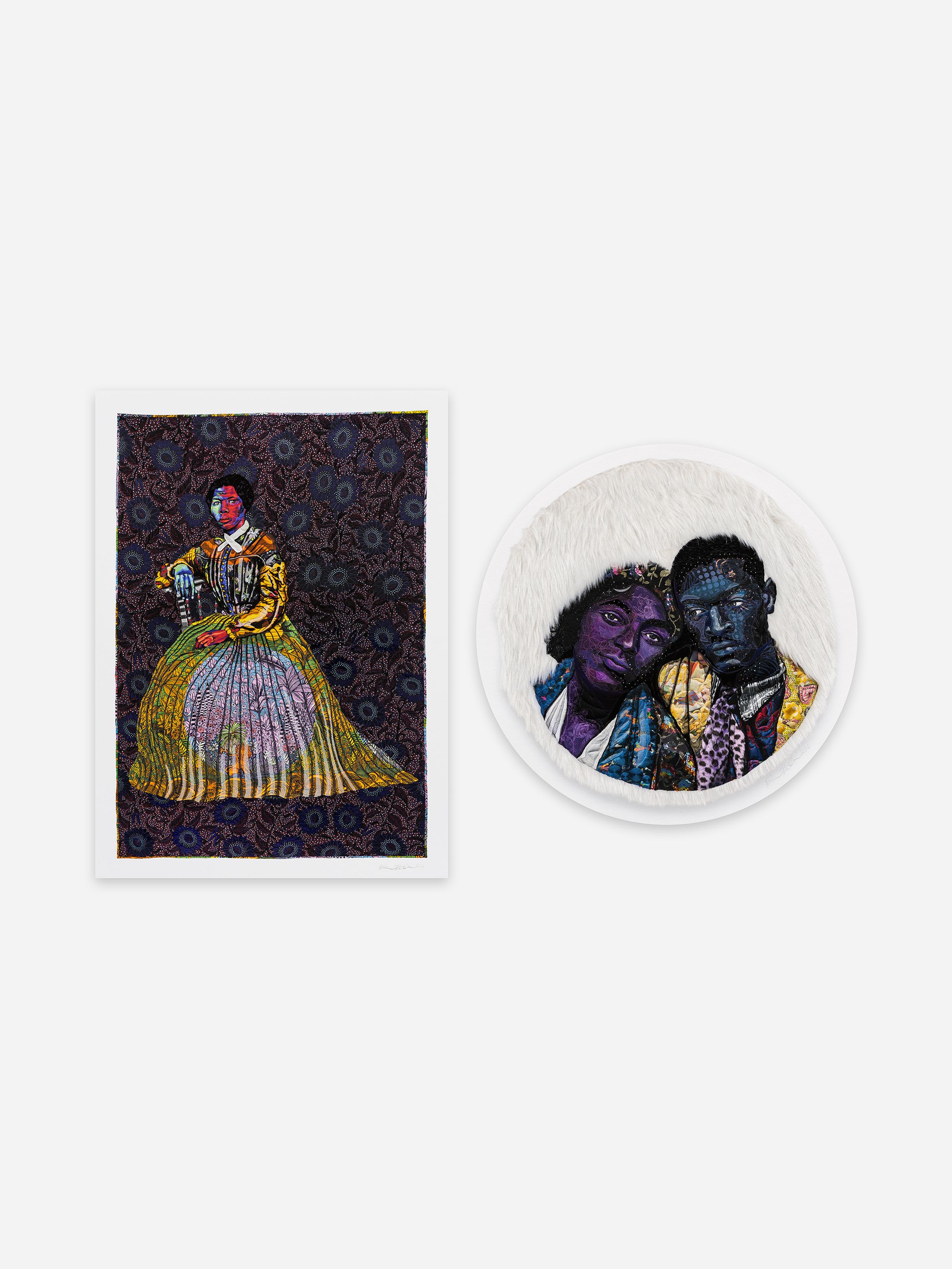 A rectangular tapestry of a seated figure with a colorful gown beside a circular tapestry featuring two figures with vibrant, patterned clothing.