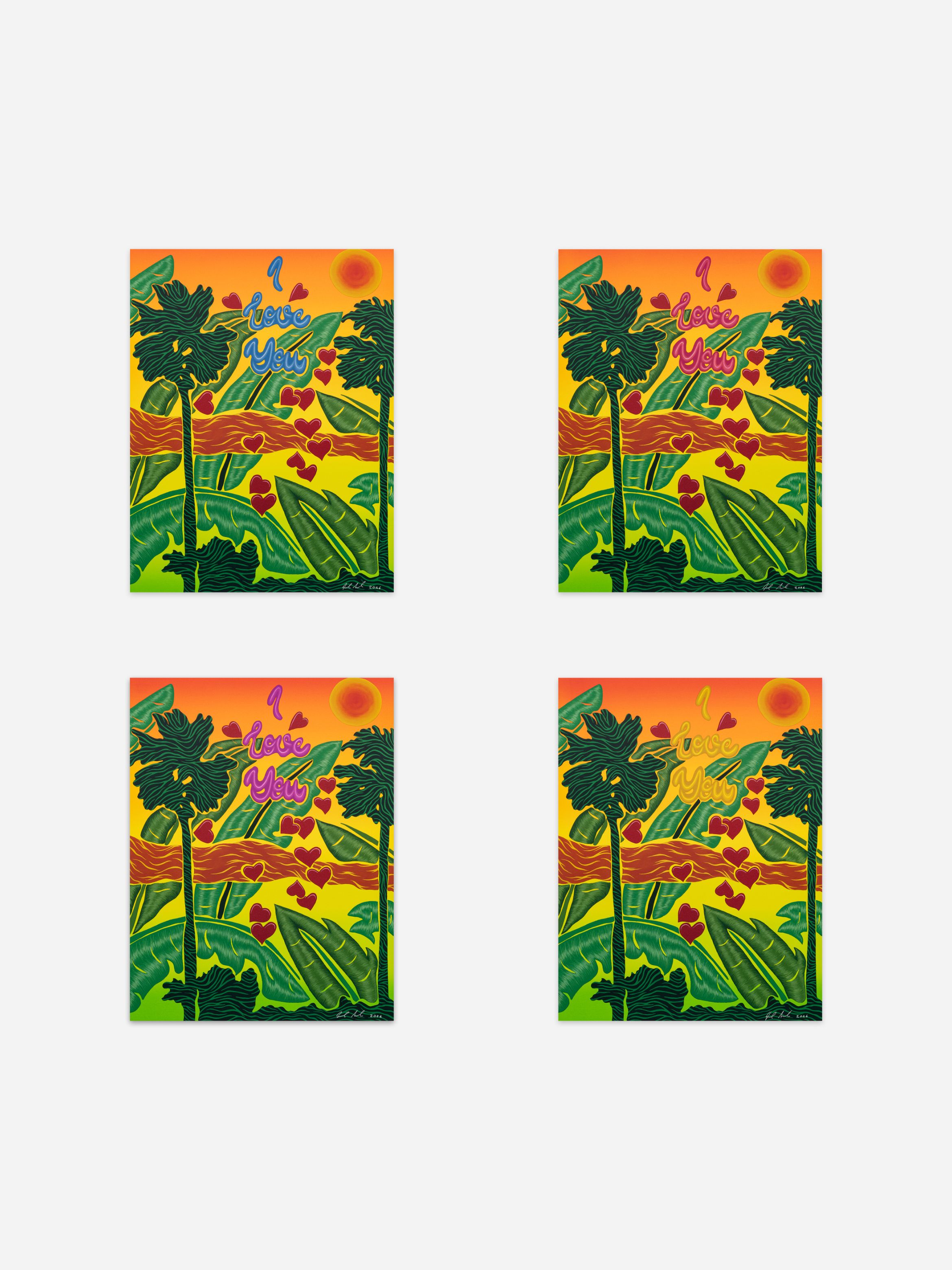 Four vibrant tropical-themed posters with banana leaves, red hearts, and "I love you" text against a sunset background. Four vibrant tropical-themed posters with banana leaves, red hearts, and "I love you" text against a sunset background.