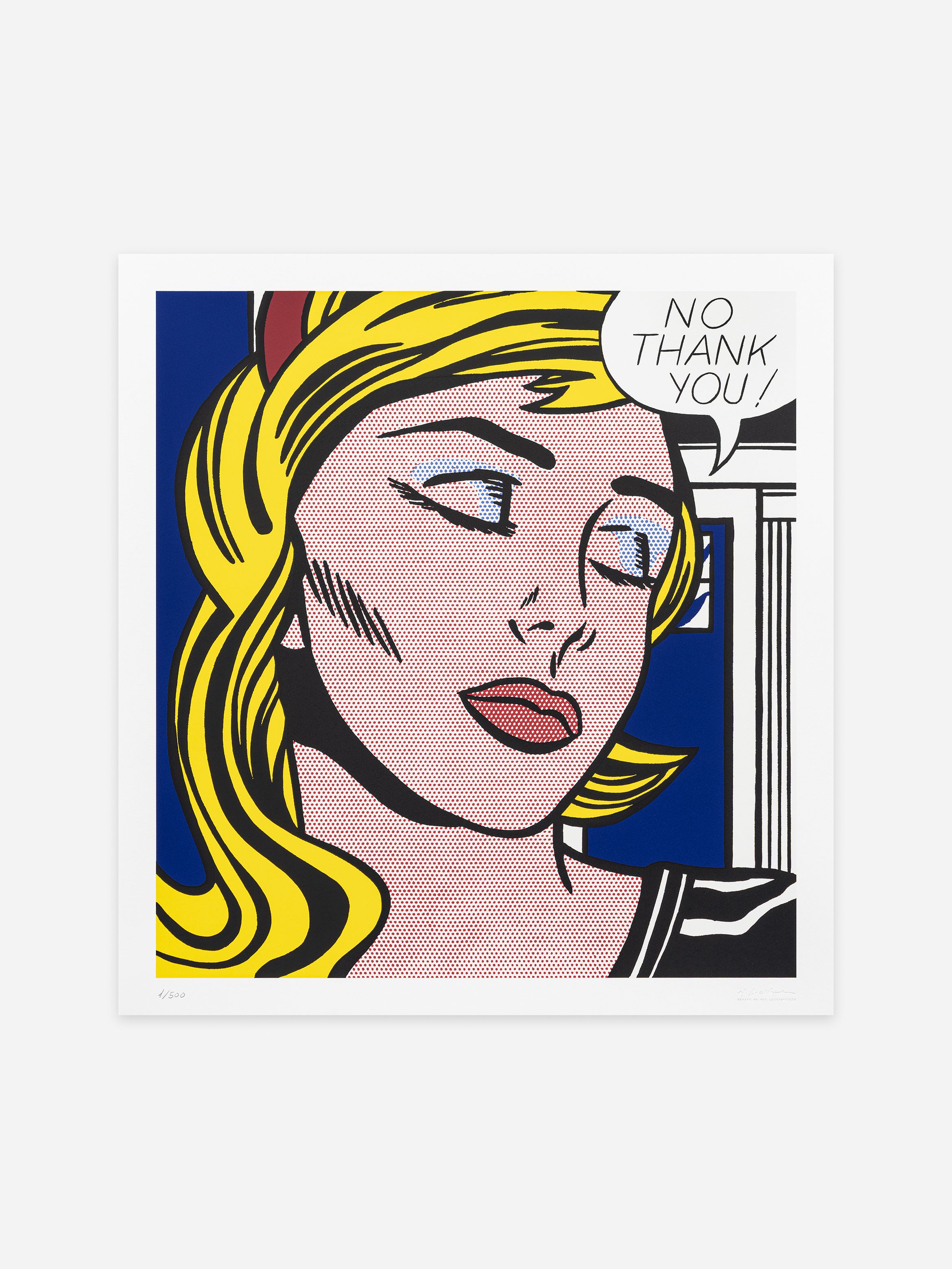 Pop art illustration of a woman with yellow hair, red lips, and a speech bubble saying "No Thank You!" against a blue background.