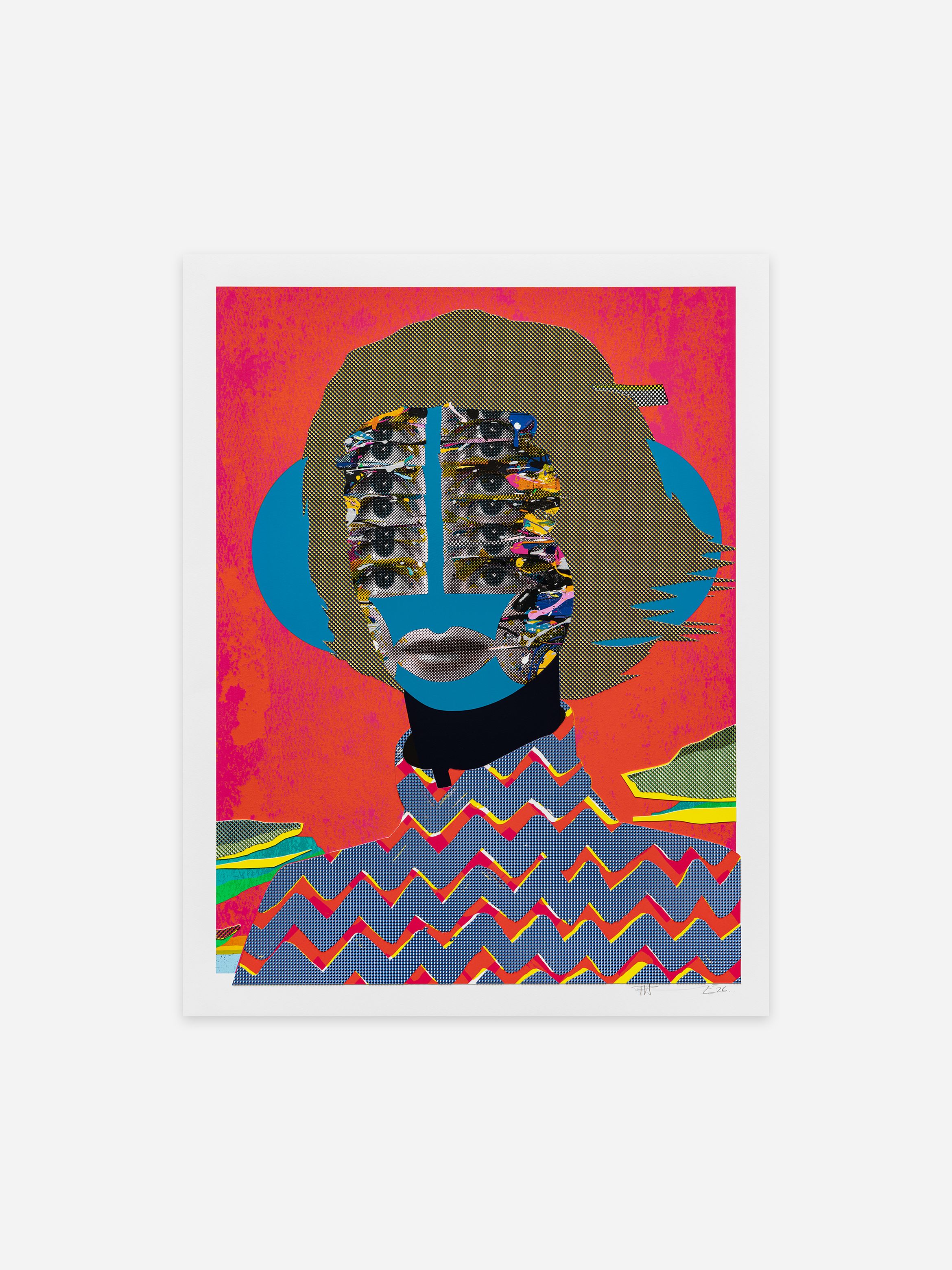 Colourful abstract portrait with a vibrant background, featuring a face with mixed textures, patterns, and zigzag shirt.