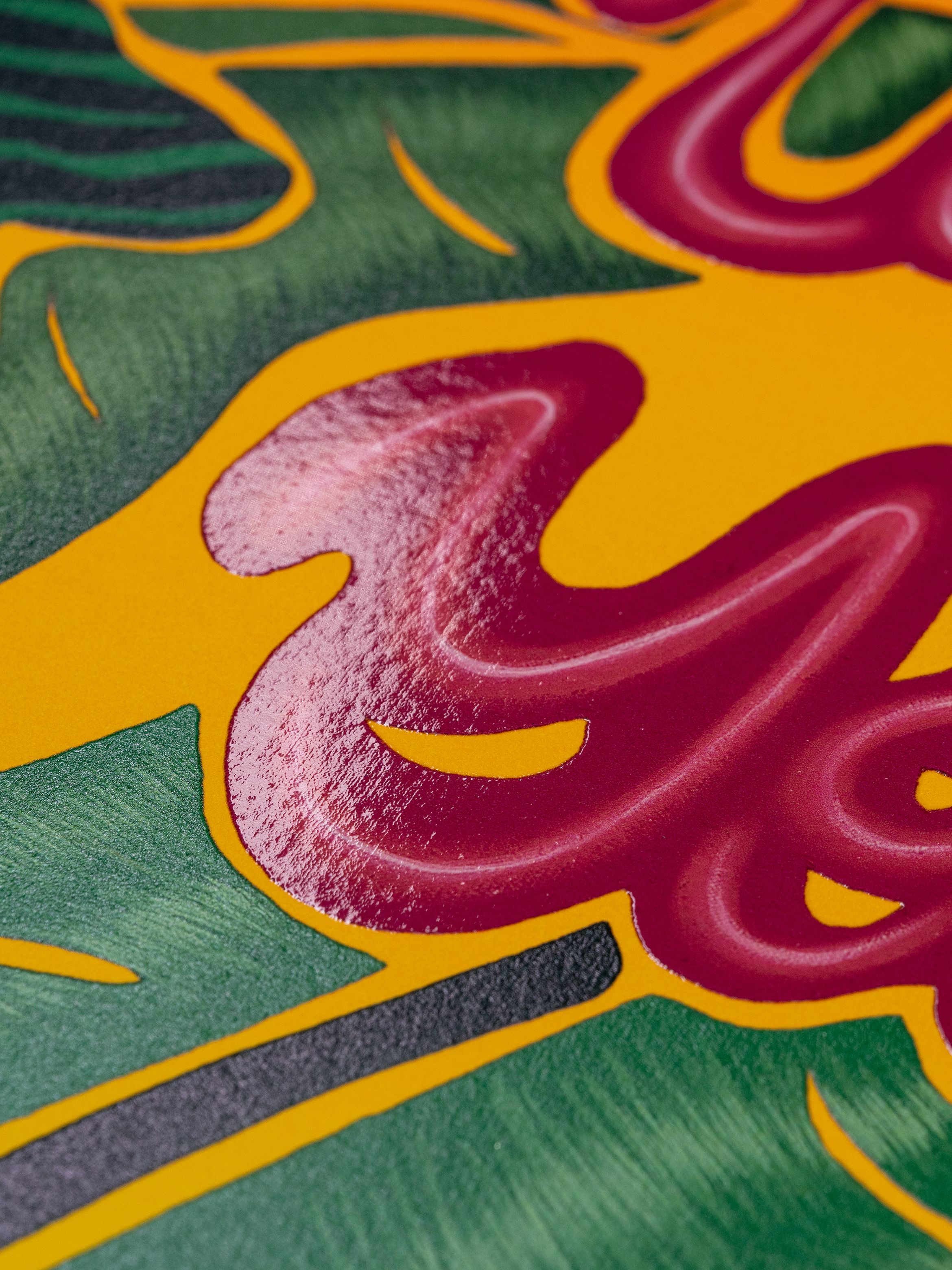 Close-up of a vibrant mural with bold red, yellow, and green swirls, featuring textured brushstrokes and reflective highlights.