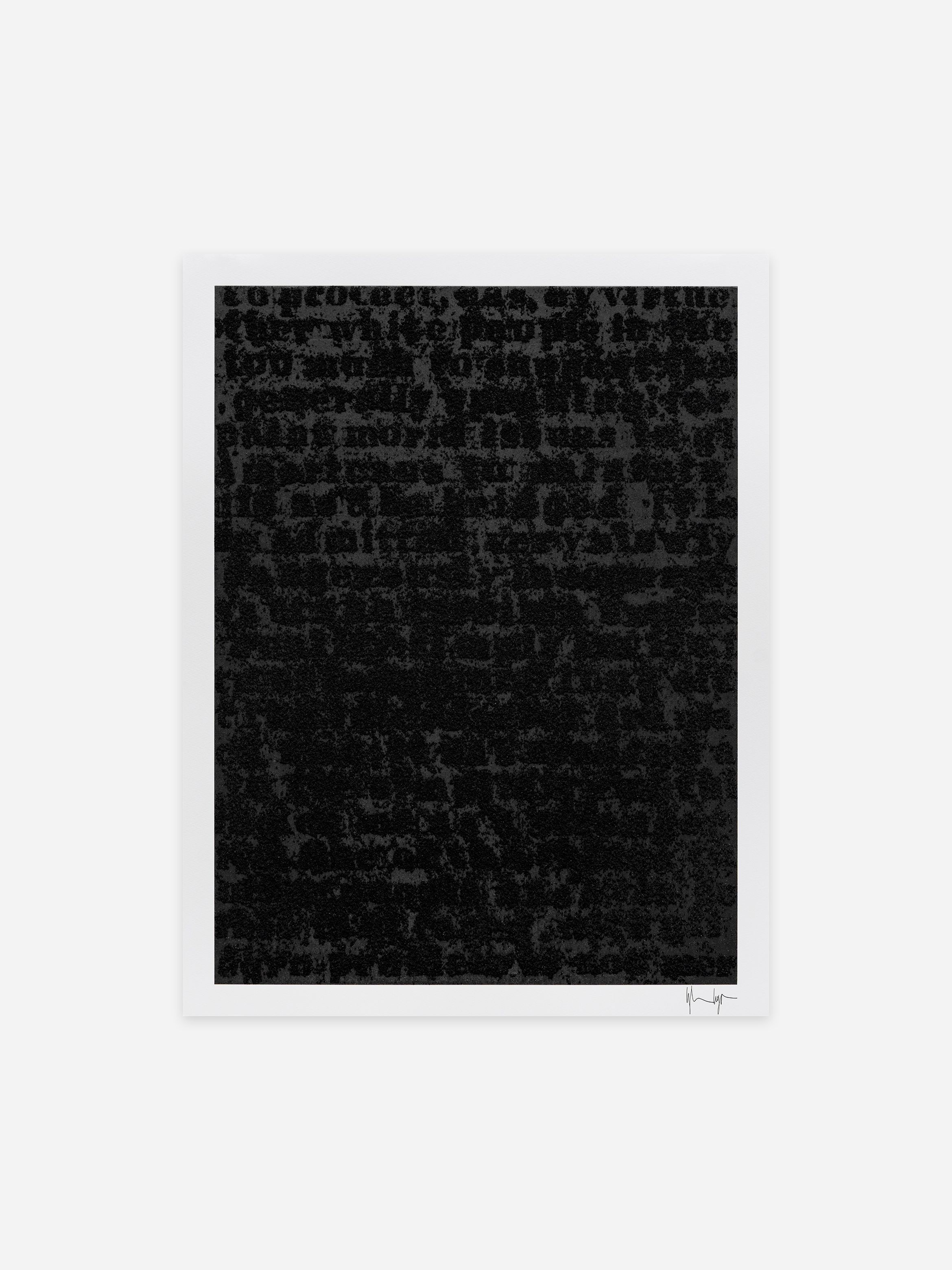 A textured black abstract artwork with a white border, featuring scattered gray and black patterns resembling a dense grid. A textured black abstract artwork with a white border, featuring scattered gray and black patterns resembling a dense grid.