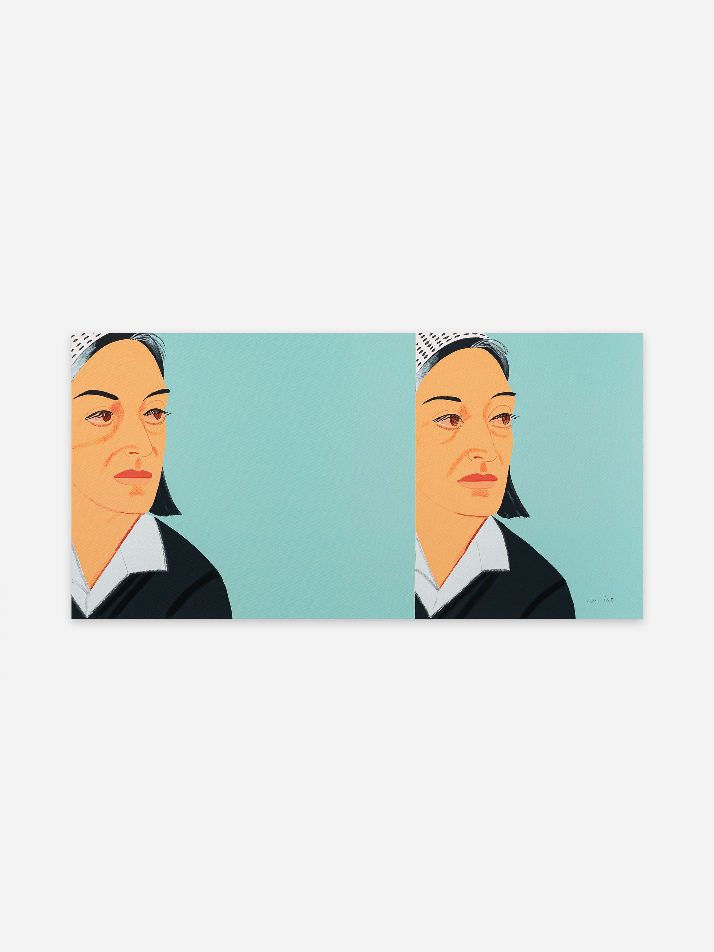 Illustration of a woman with a neutral expression, wearing a black top and white collar, against a light blue background, depicted twice side by side.