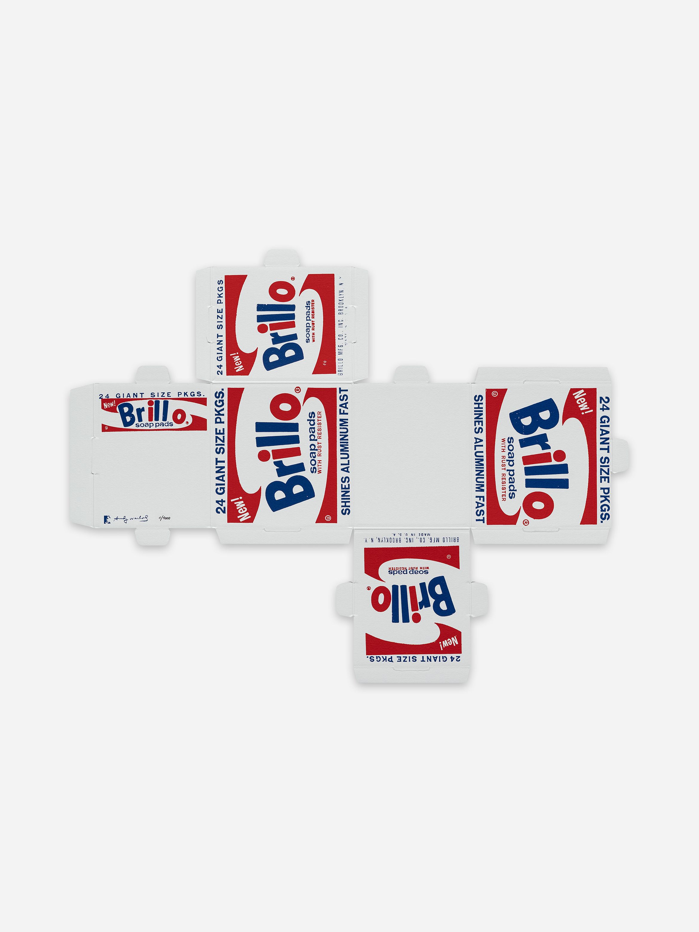 Flattened Brillo soap pads box design, featuring bold red and blue text with product information, displayed on a white background.