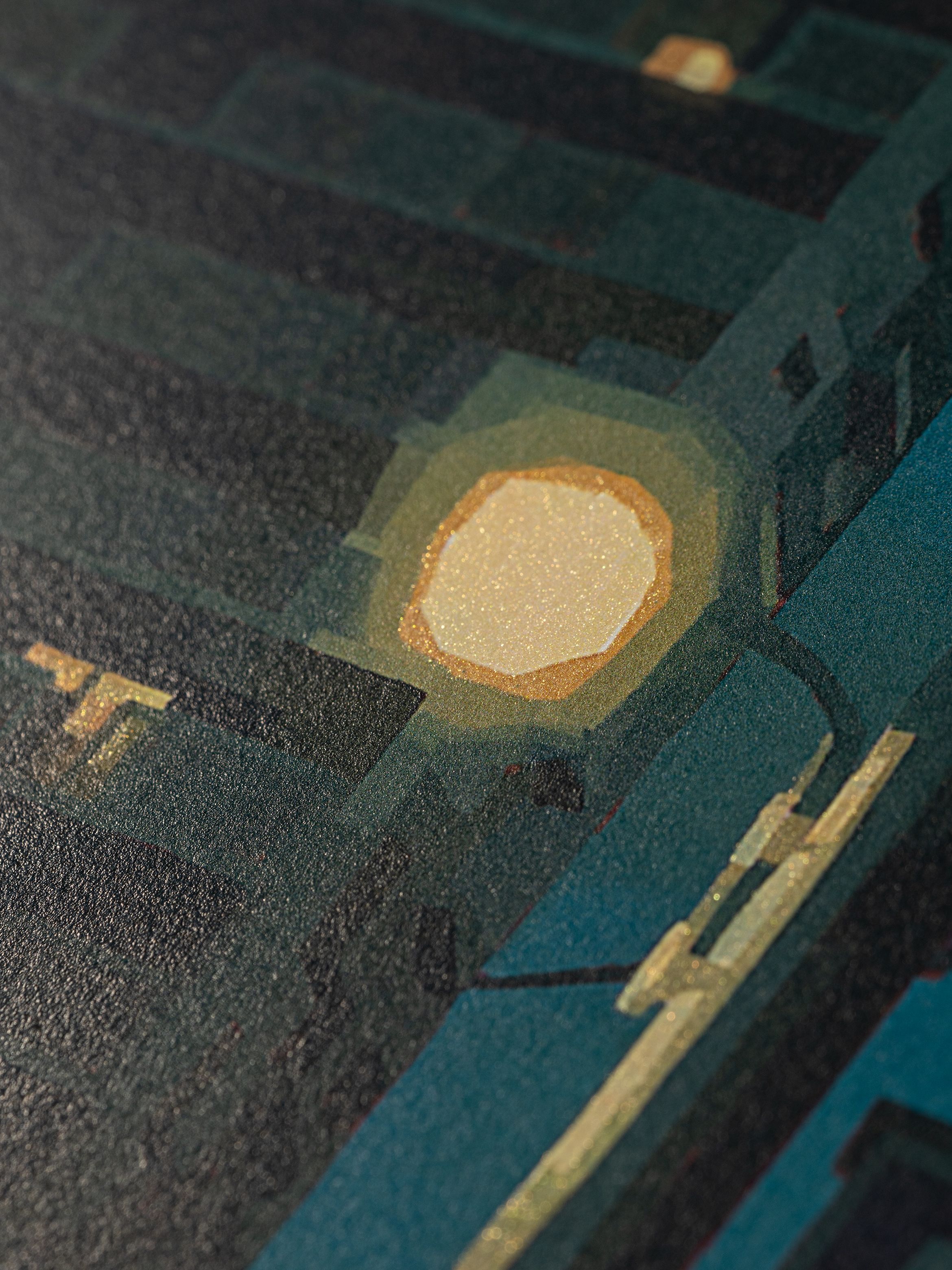 Abstract artwork featuring geometric shapes in shades of teal and blue, with a glowing circular shape in the centre.