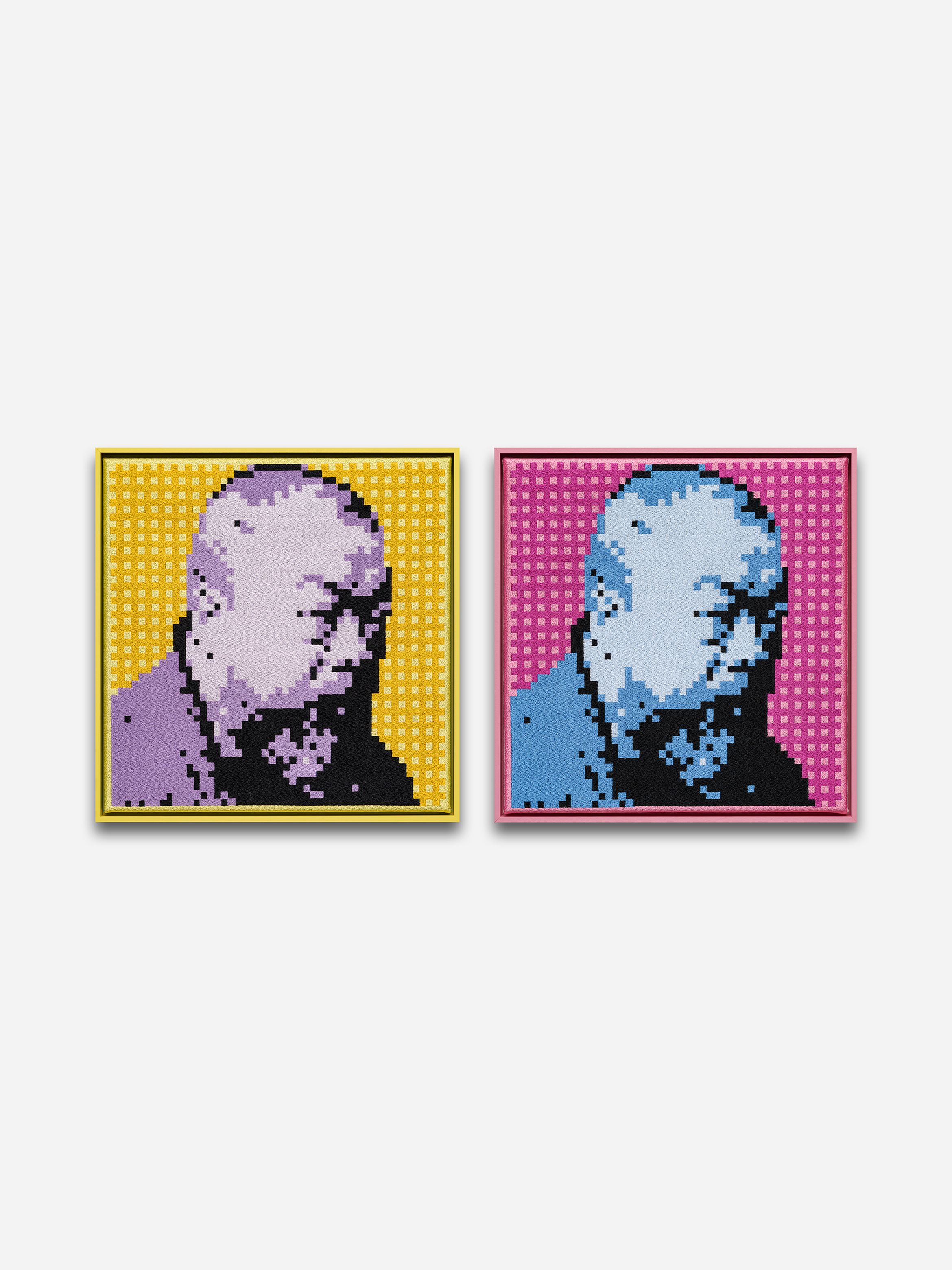 Two framed pixelated pop-art portraits of a man's profile — left purple on yellow, right blue on pink.