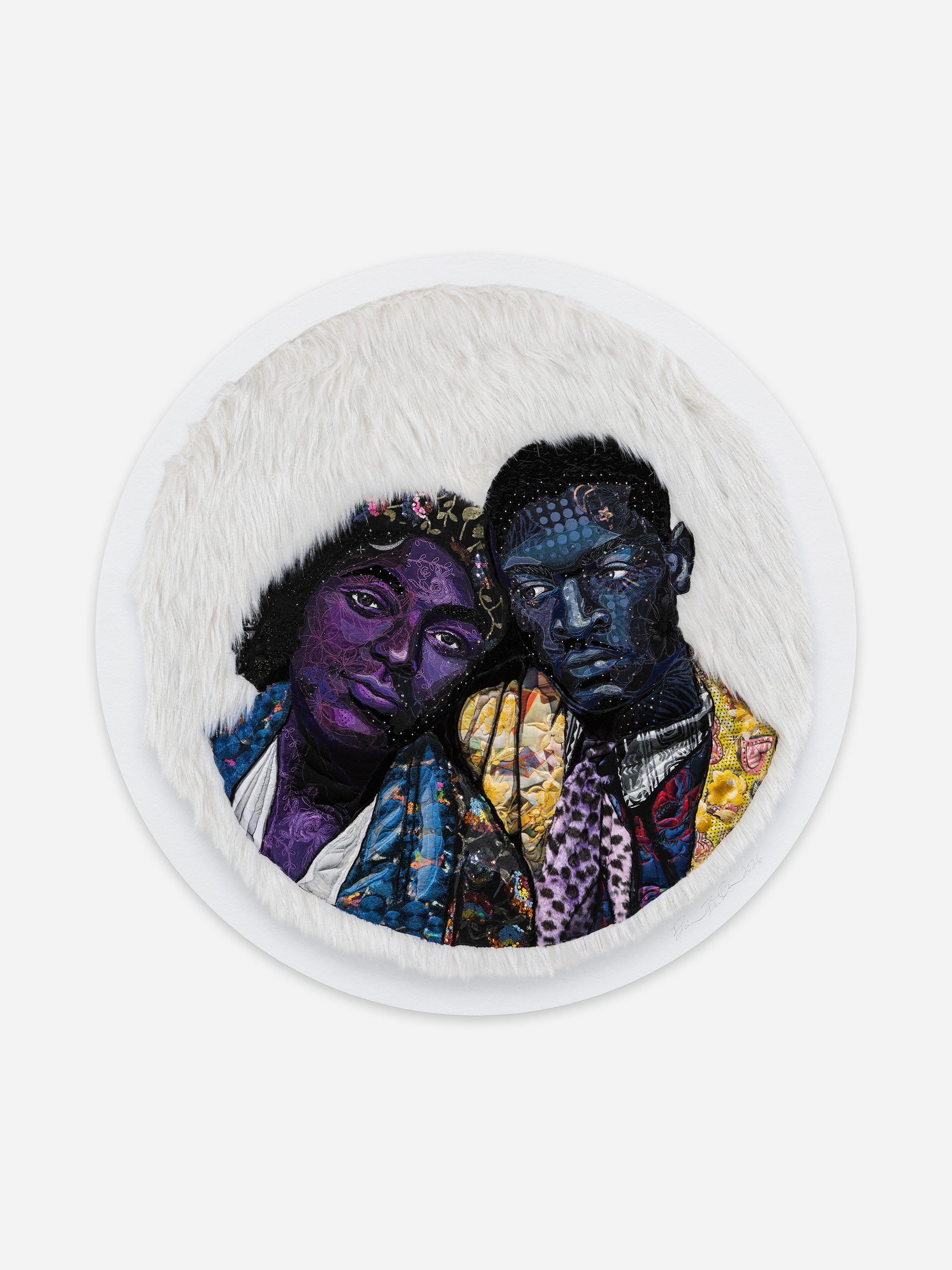 Two abstract, colourful figures in textiles on a circular, fur-like background, one purple and the other blue, wearing vibrantly patterned clothing.