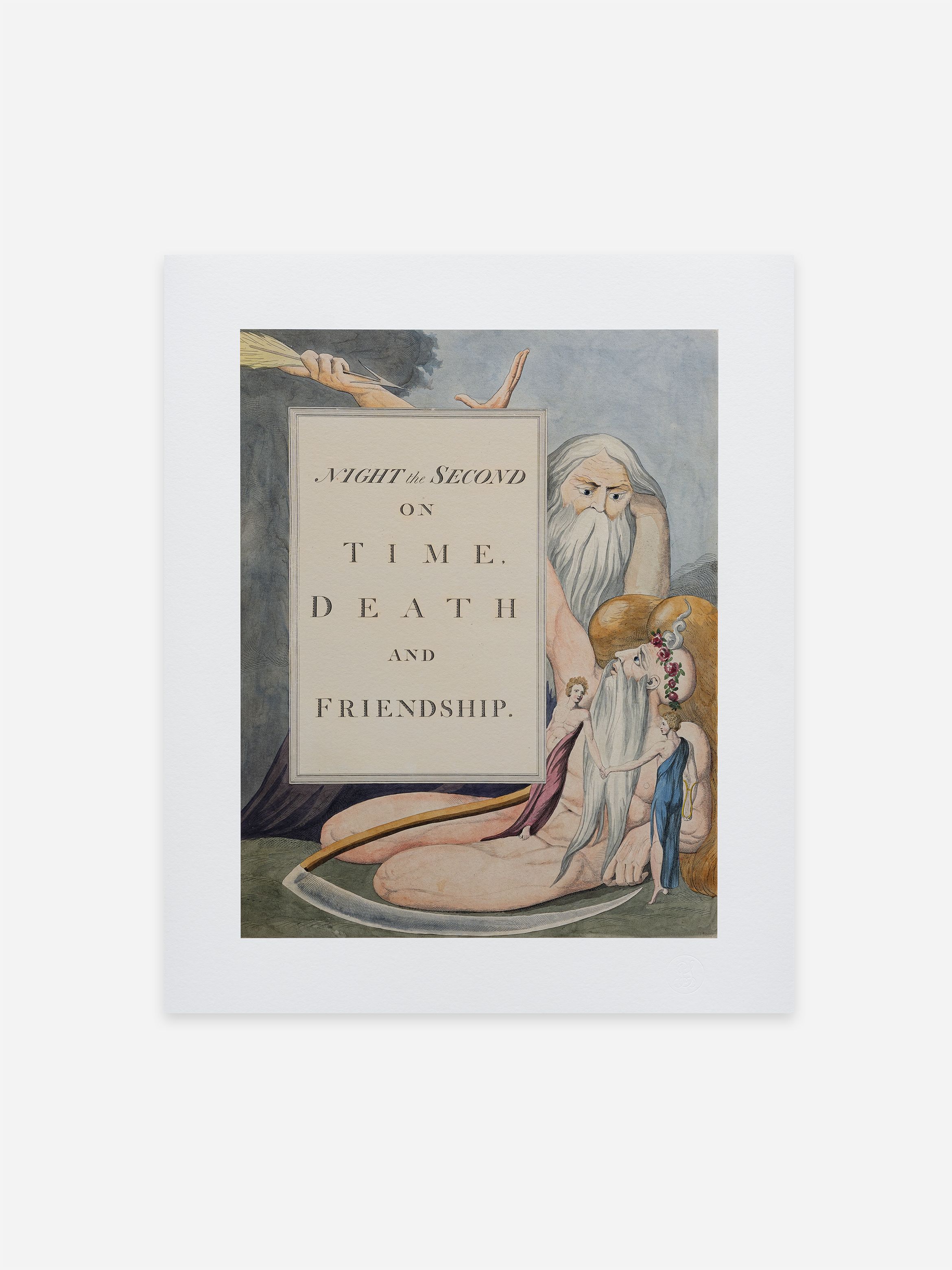 Illustration with figures and a large book titled "Night the Second on Time, Death, and Friendship," featuring an elderly man and two smaller figures. Illustration with figures and a large book titled "Night the Second on Time, Death, and Friendship," featuring an elderly man and two smaller figures.