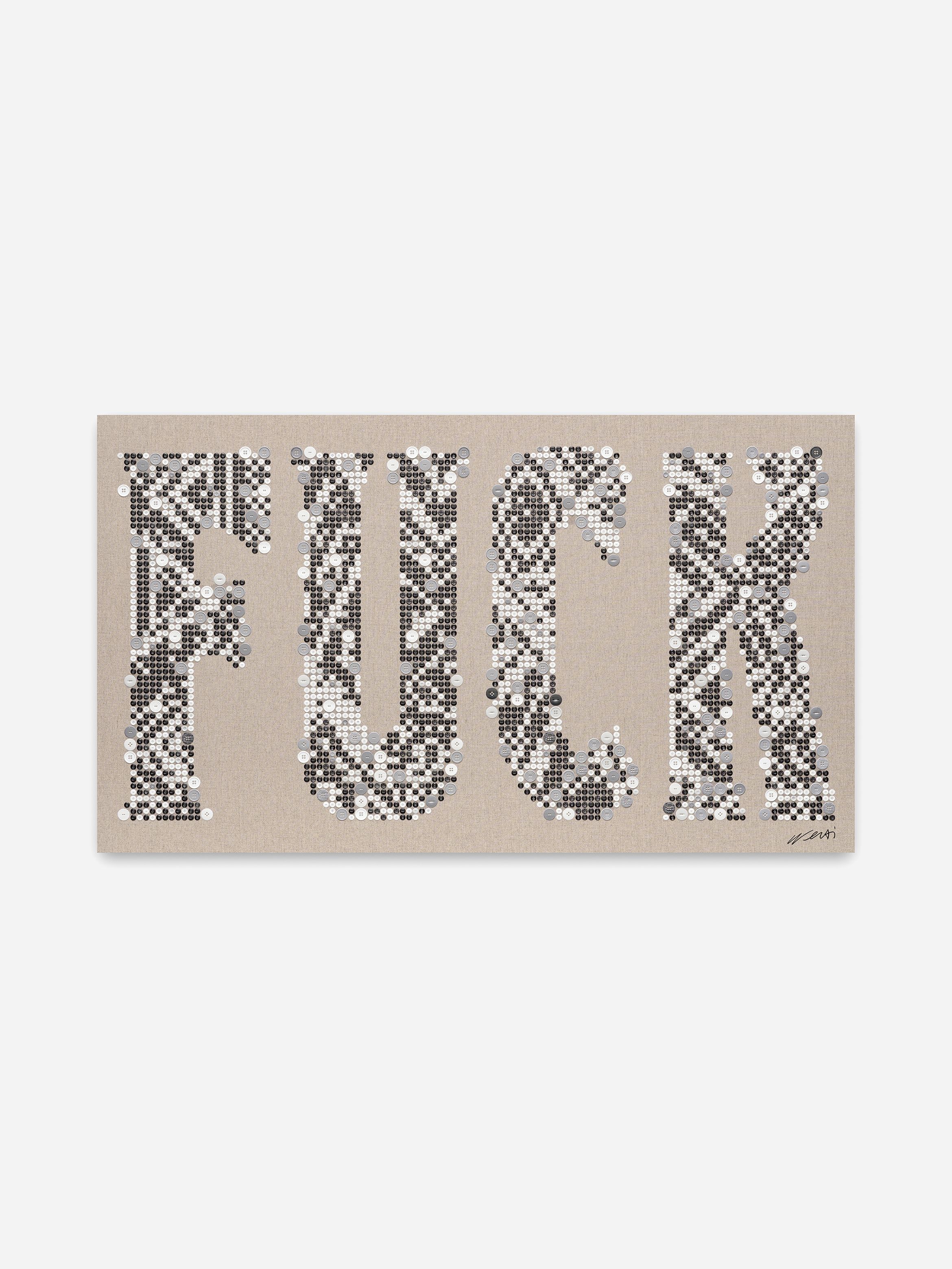 Fabric artwork featuring the word "FUCK" in bold letters, made from small black, white, and gray discs on a beige background.
