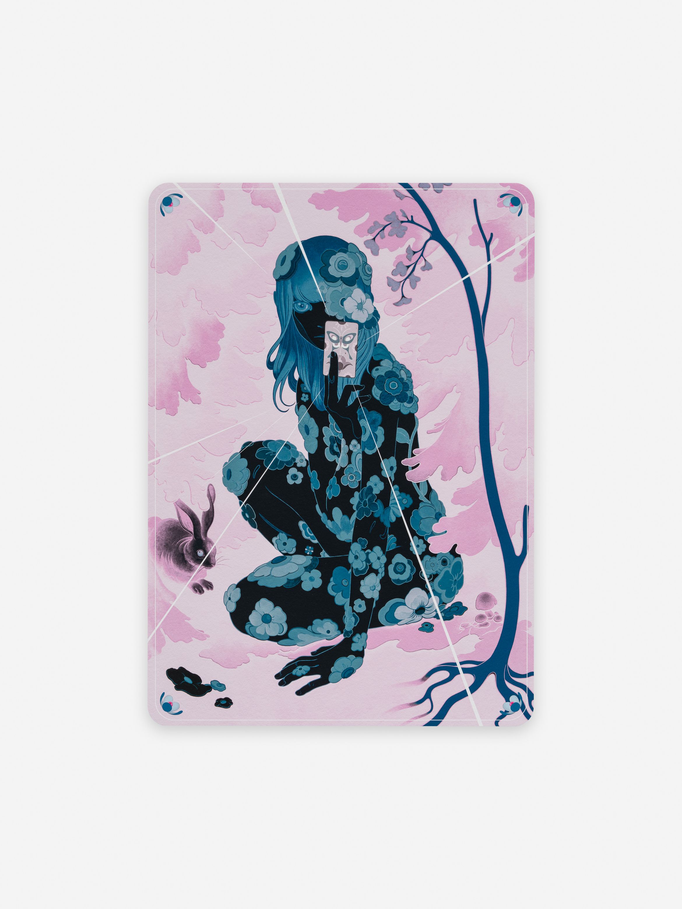 A stylised figure crouches with floral patterns on their body, surrounded by pink and blue abstract trees and a small rabbit.