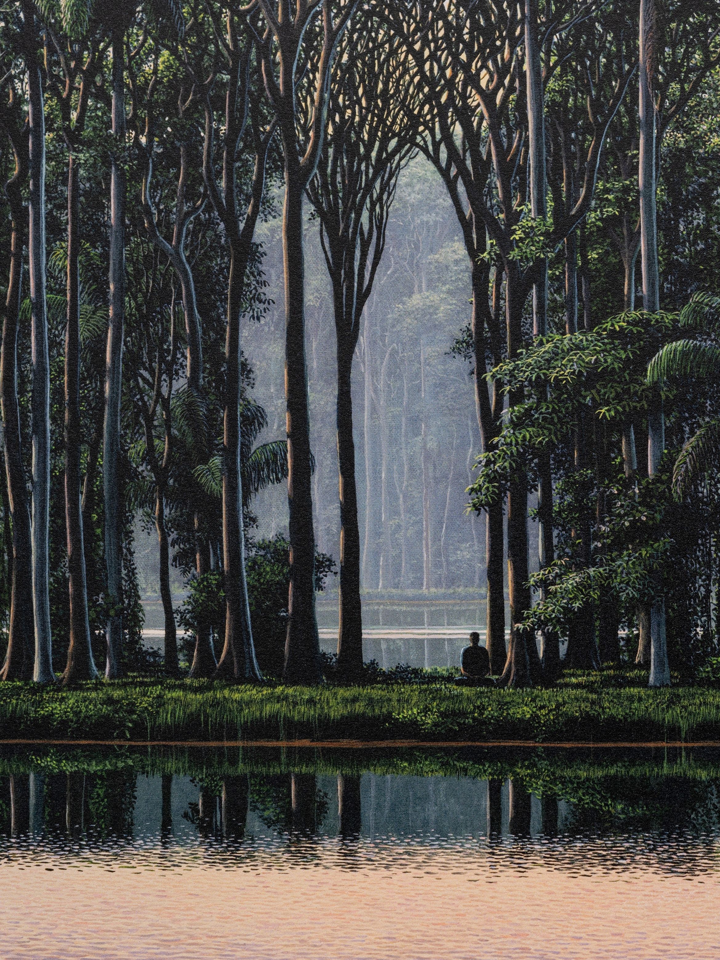 Silhouette of a person sitting beneath arching trees on a lakeshore, misty forest and tree reflections in the calm water.