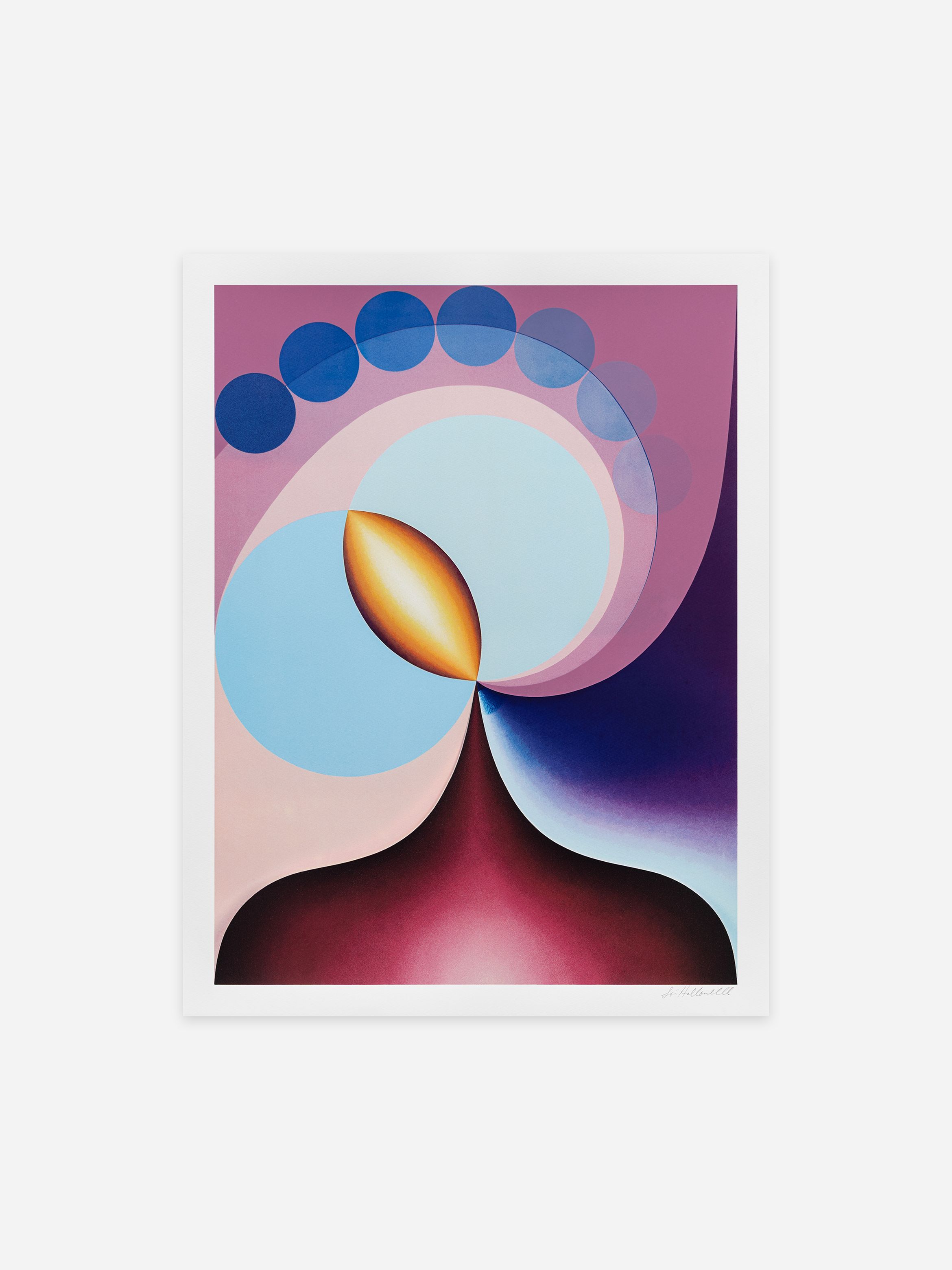Abstract artwork with a central gold leaf shape amid swirling blue and pink gradients, overlaid with circular patterns.