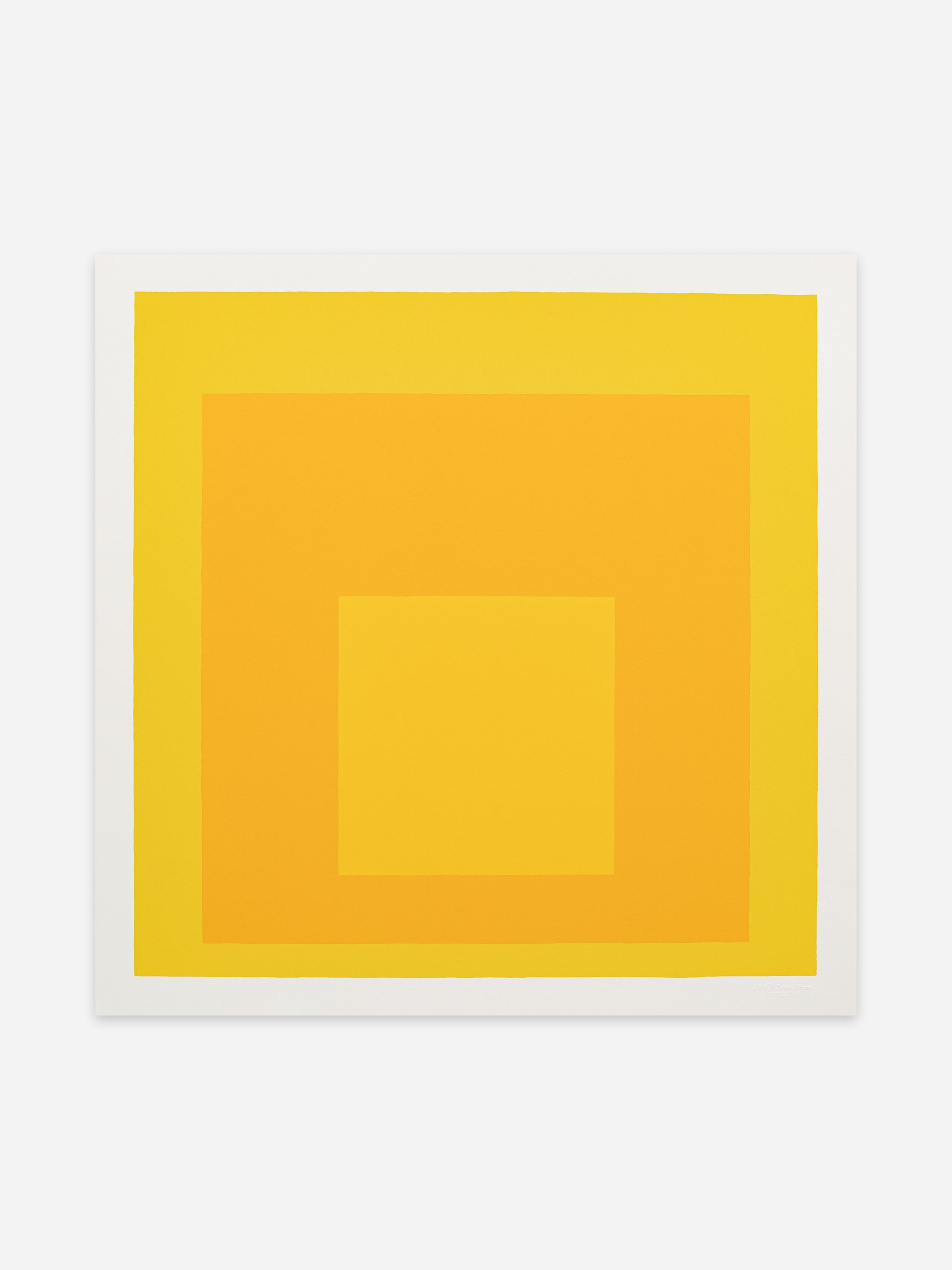 Abstract artwork of nested yellow and orange squares on a white background.