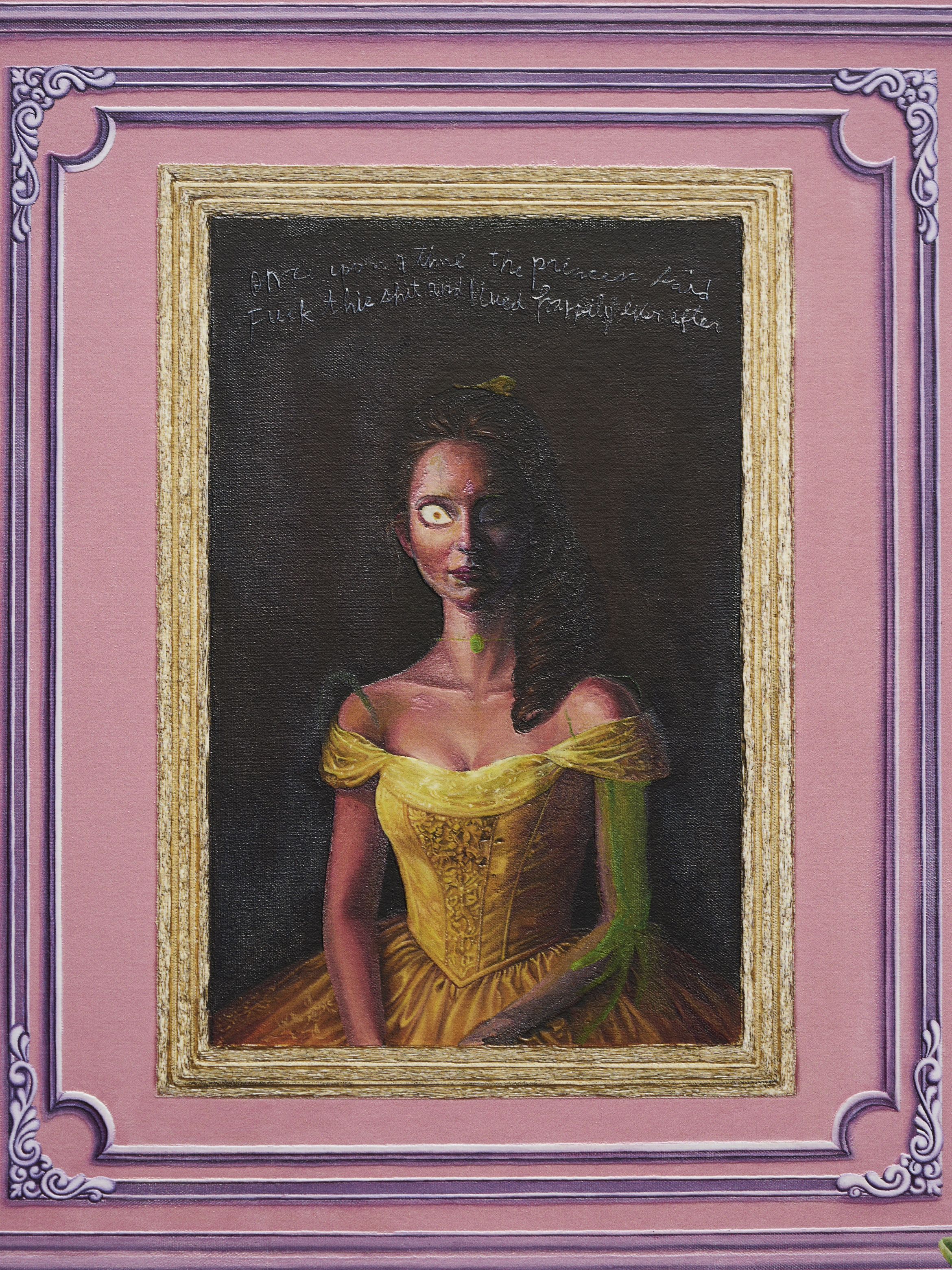 A painting of a woman in a yellow gown, half her face and dress appear shadowed, text scribbled above in a decorative pink and gold frame. A painting of a woman in a yellow gown, half her face and dress appear shadowed, text scribbled above in a decorative pink and gold frame.