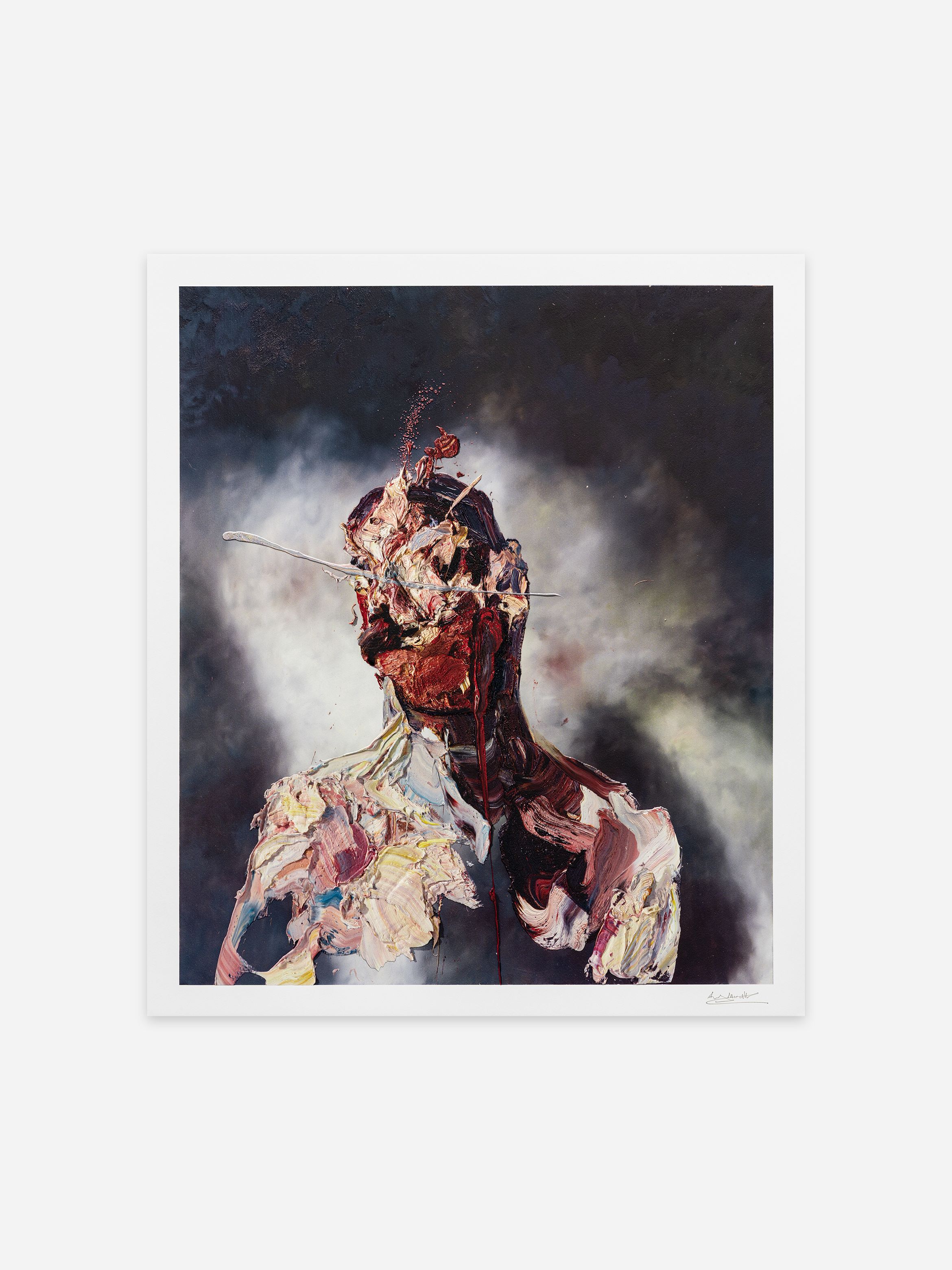 Abstract painting of a distorted figure with swirling, textured brushstrokes in red, beige, and black, set against a dark background.