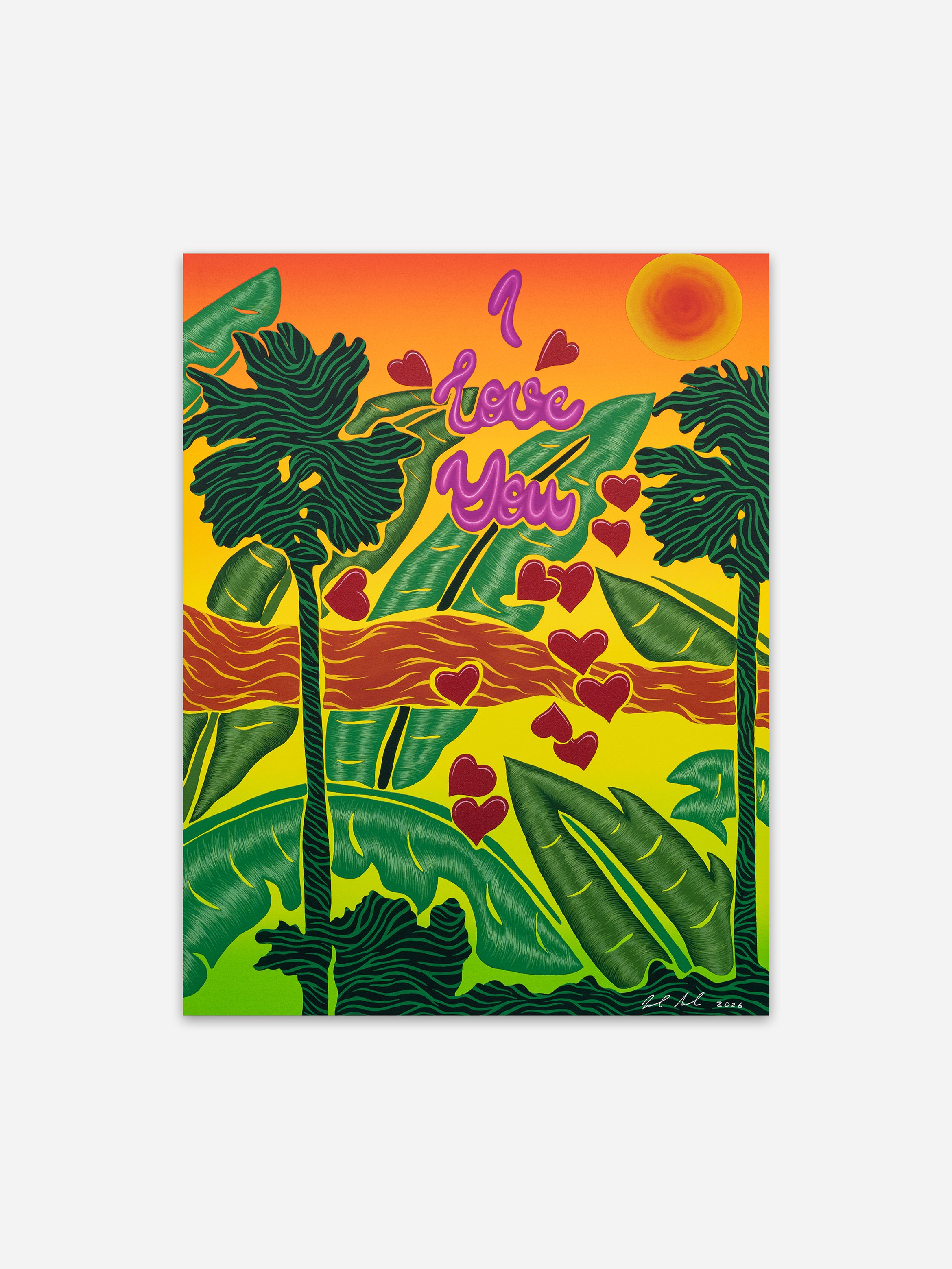 A vibrant artwork with tropical plants, a sunset, and red hearts. The text "I love You" is written in stylised letters at the centre.