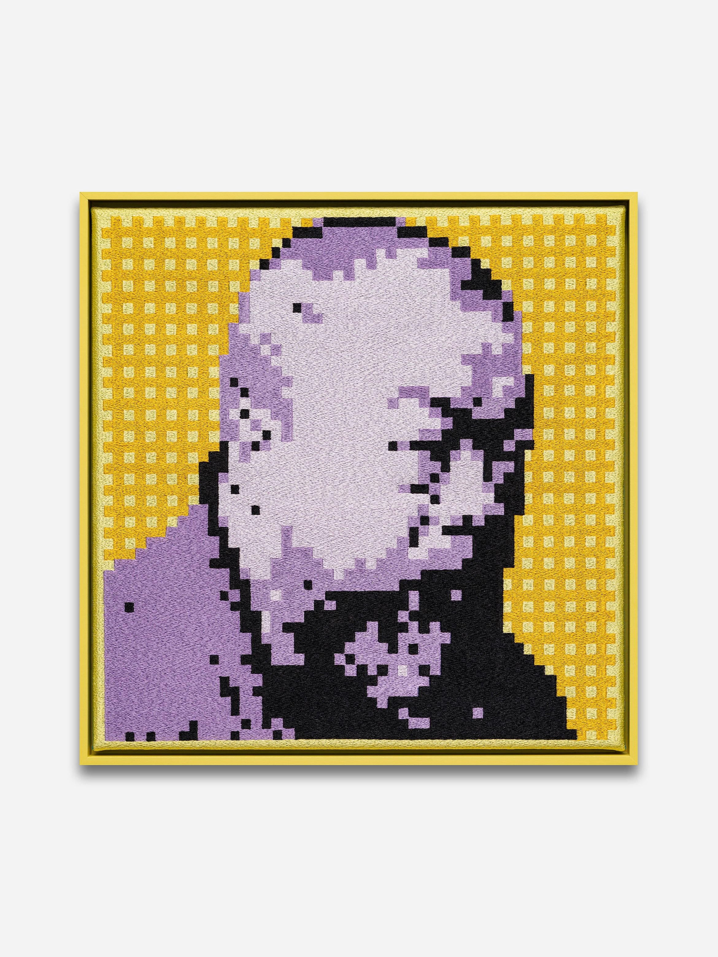 Pixelated purple-and-black portrait of a bald head on a yellow dotted background, shown in a slim yellow frame. Pixelated purple-and-black portrait of a bald head on a yellow dotted background, shown in a slim yellow frame.