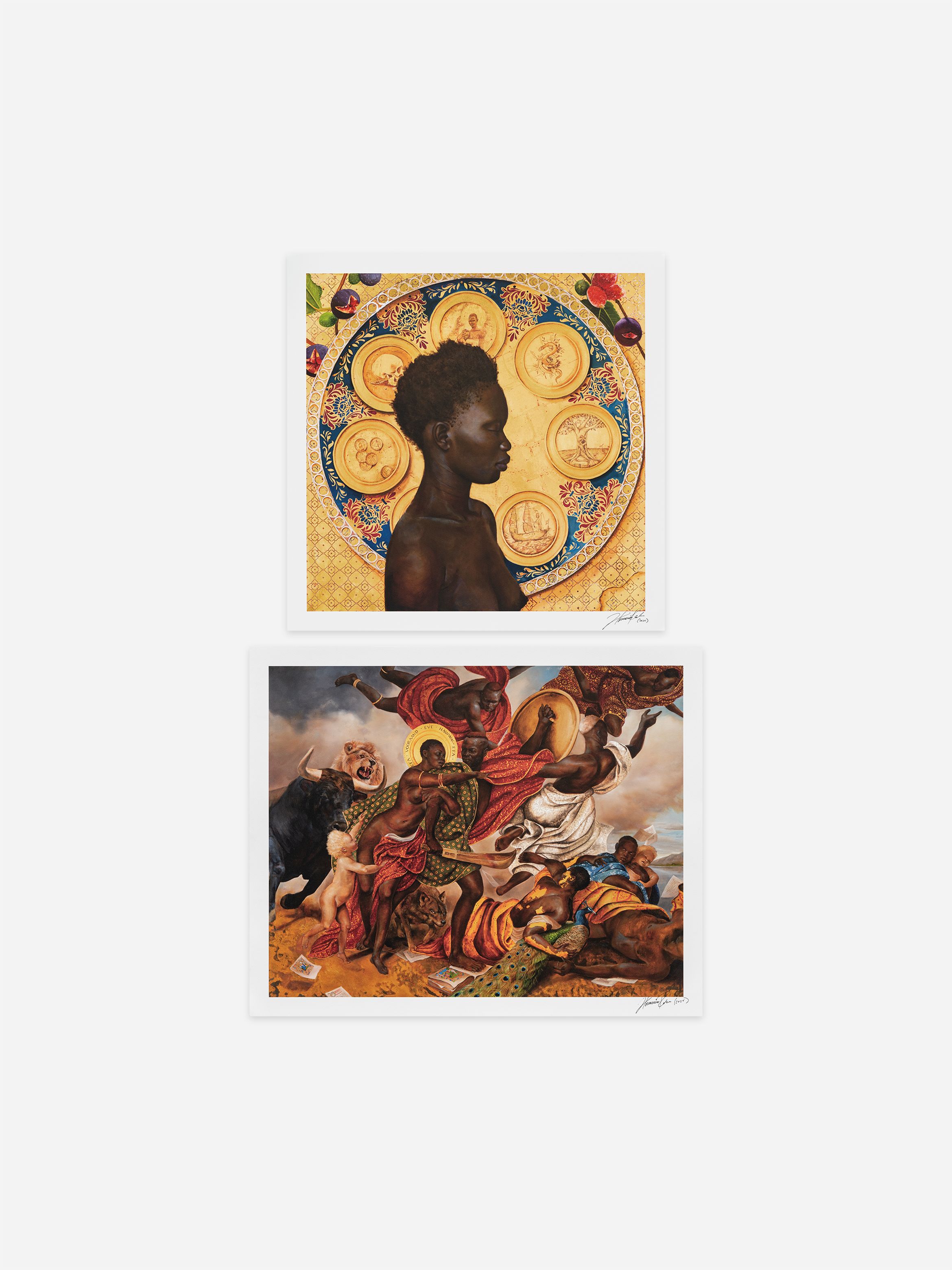 Two artworks: top shows a side profile of a person against a decorative circular backdrop; bottom depicts an energetic scene with multiple figures.