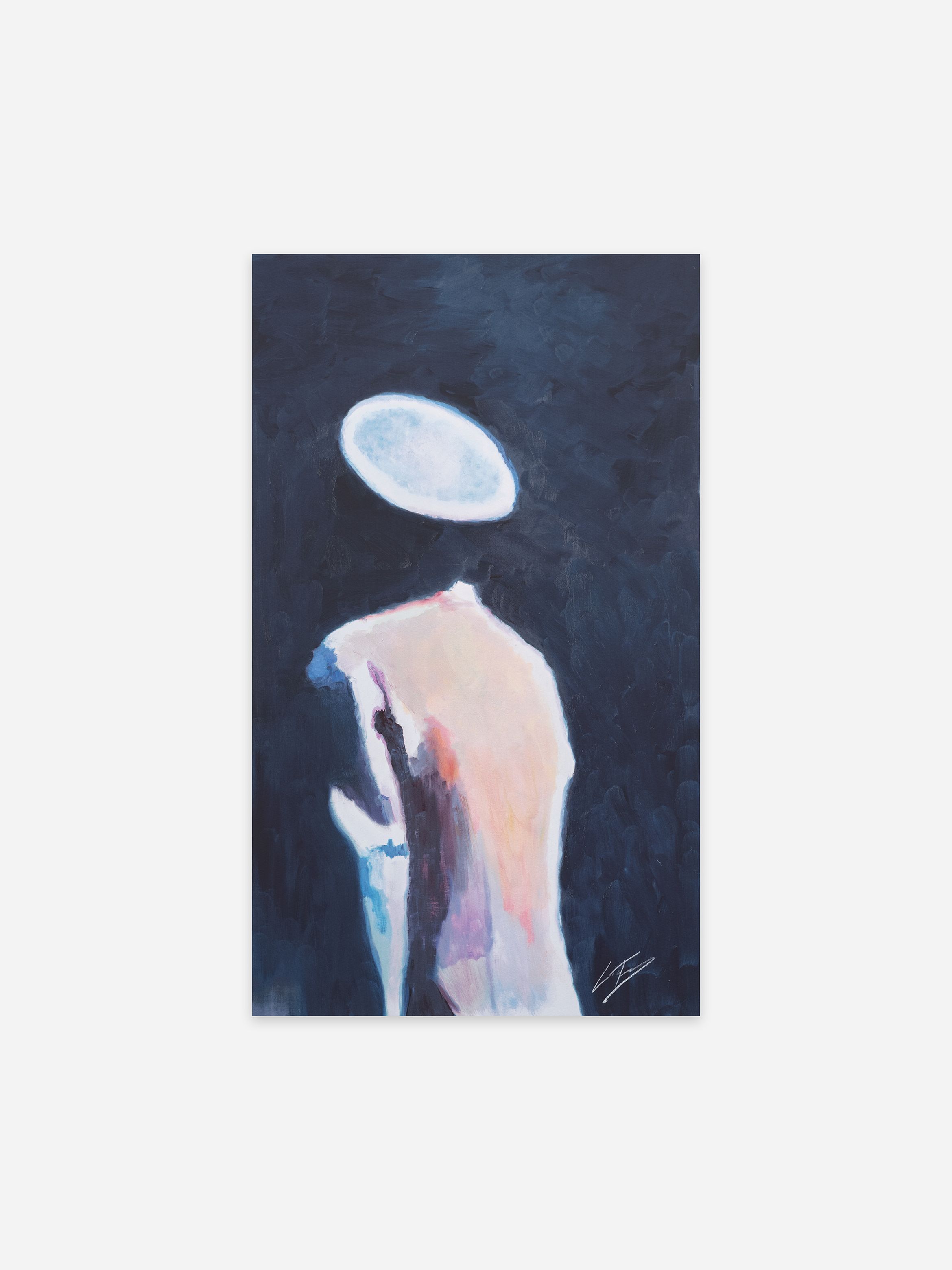 Abstract painting of a figure wearing a rounded hat on a dark background, with light highlighting the back and hat.