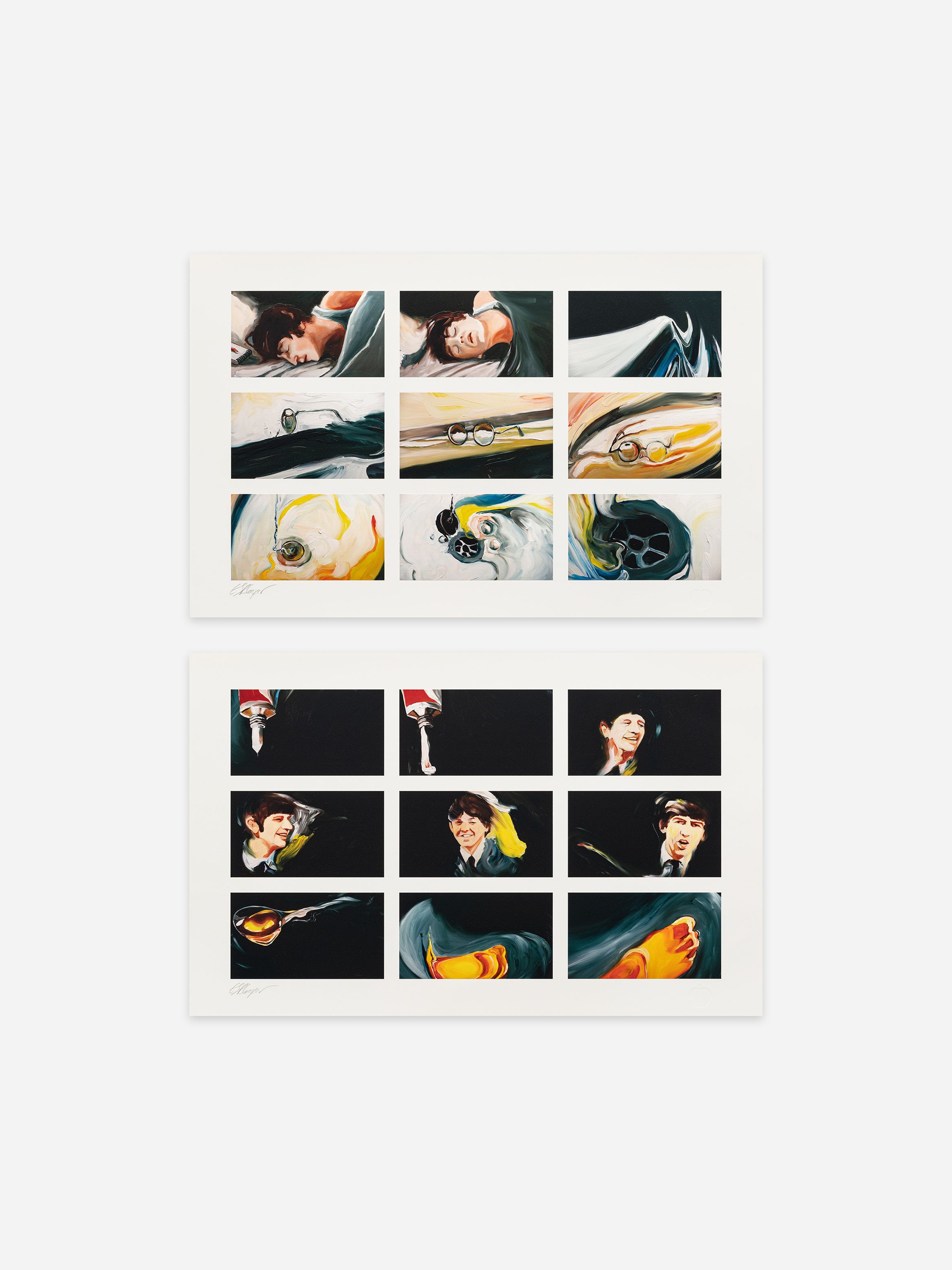 Two panels of abstract paintings featuring dynamic, colourful swirls and fragmented human figures in motion, set against a dark background. Two panels of abstract paintings featuring dynamic, colourful swirls and fragmented human figures in motion, set against a dark background.